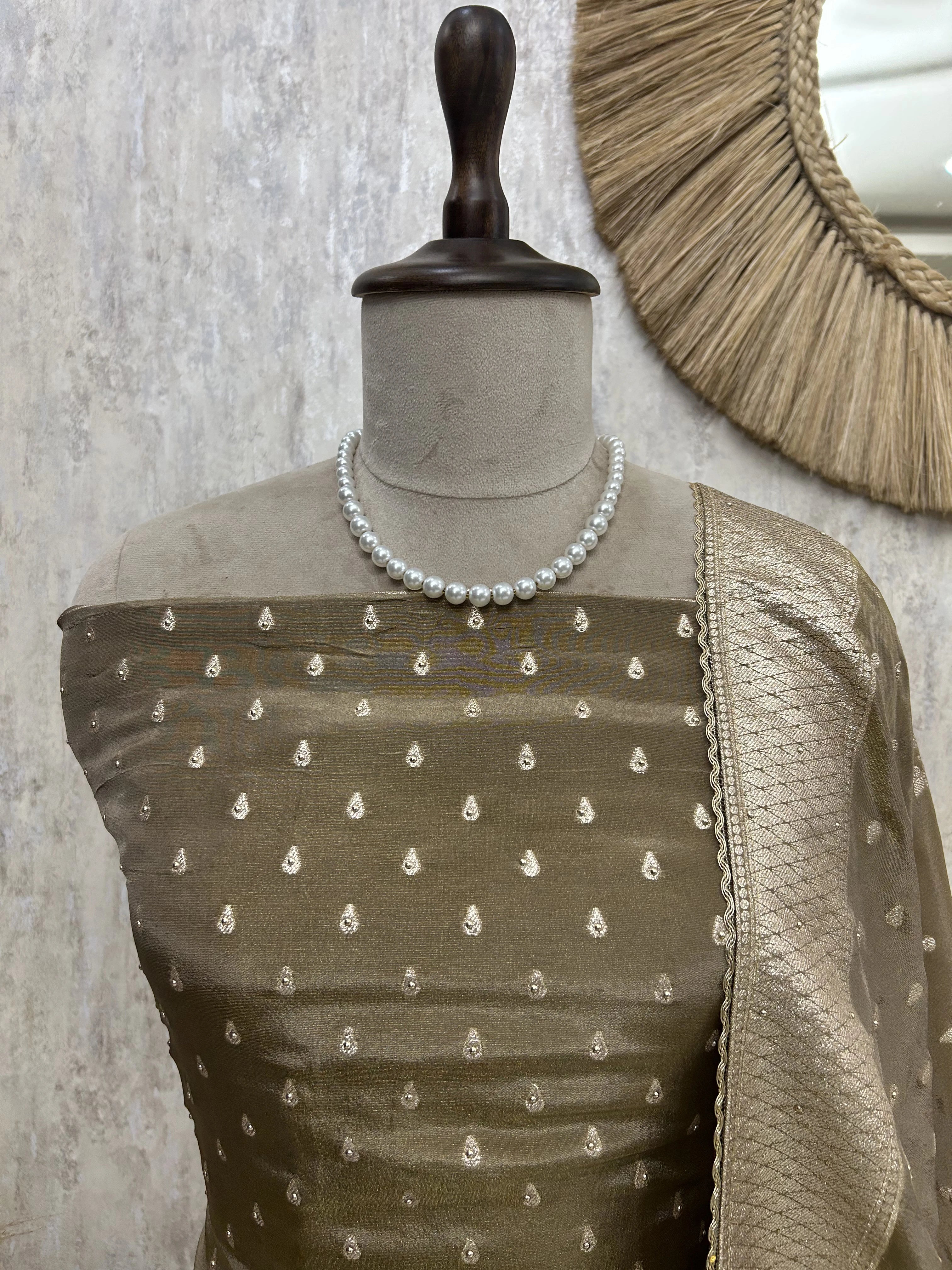 Tissue Unstitched Suit Set With Embroidered Hemline
