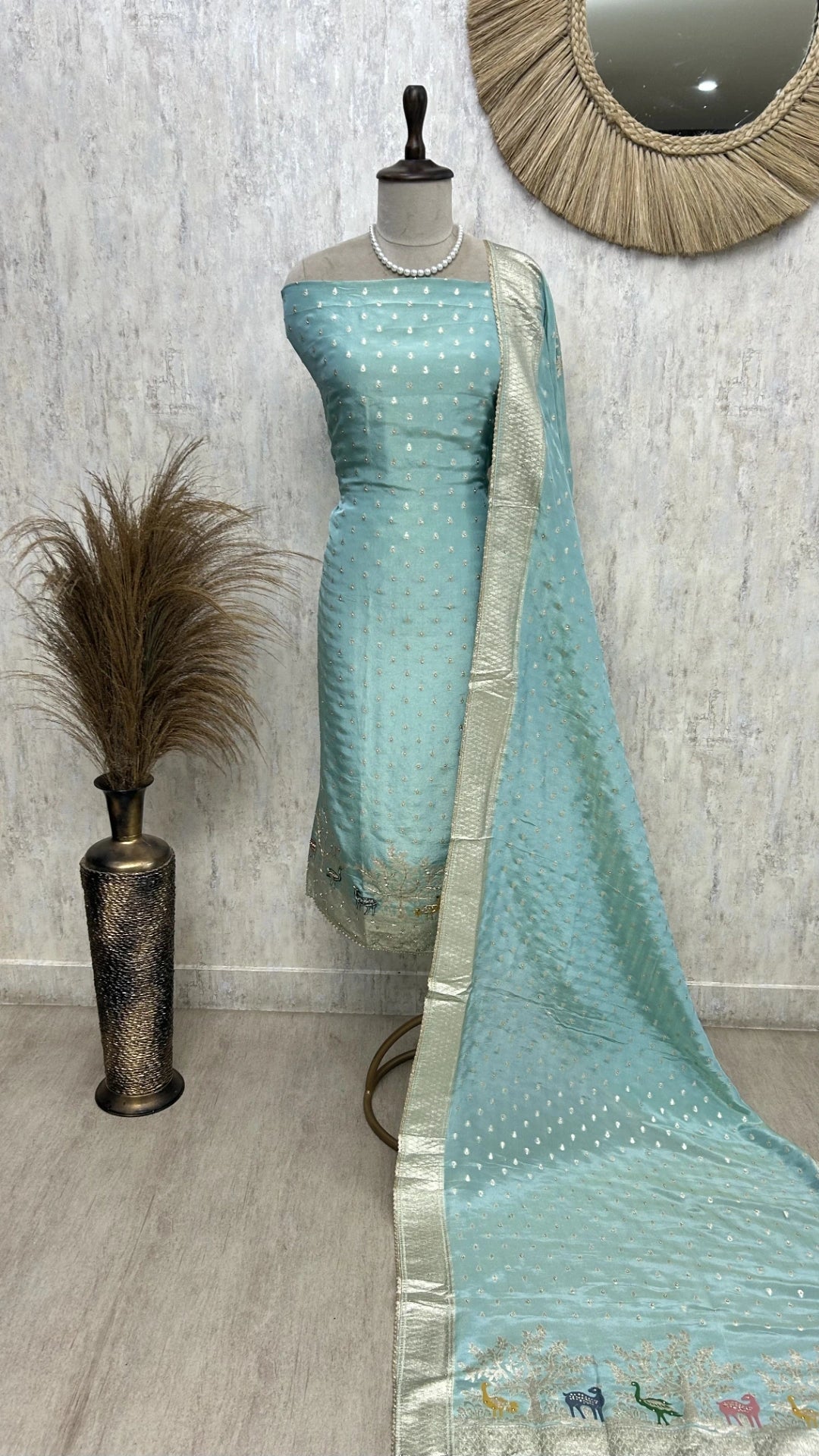 Tissue Unstitched Suit Set With Embroidered Hemline