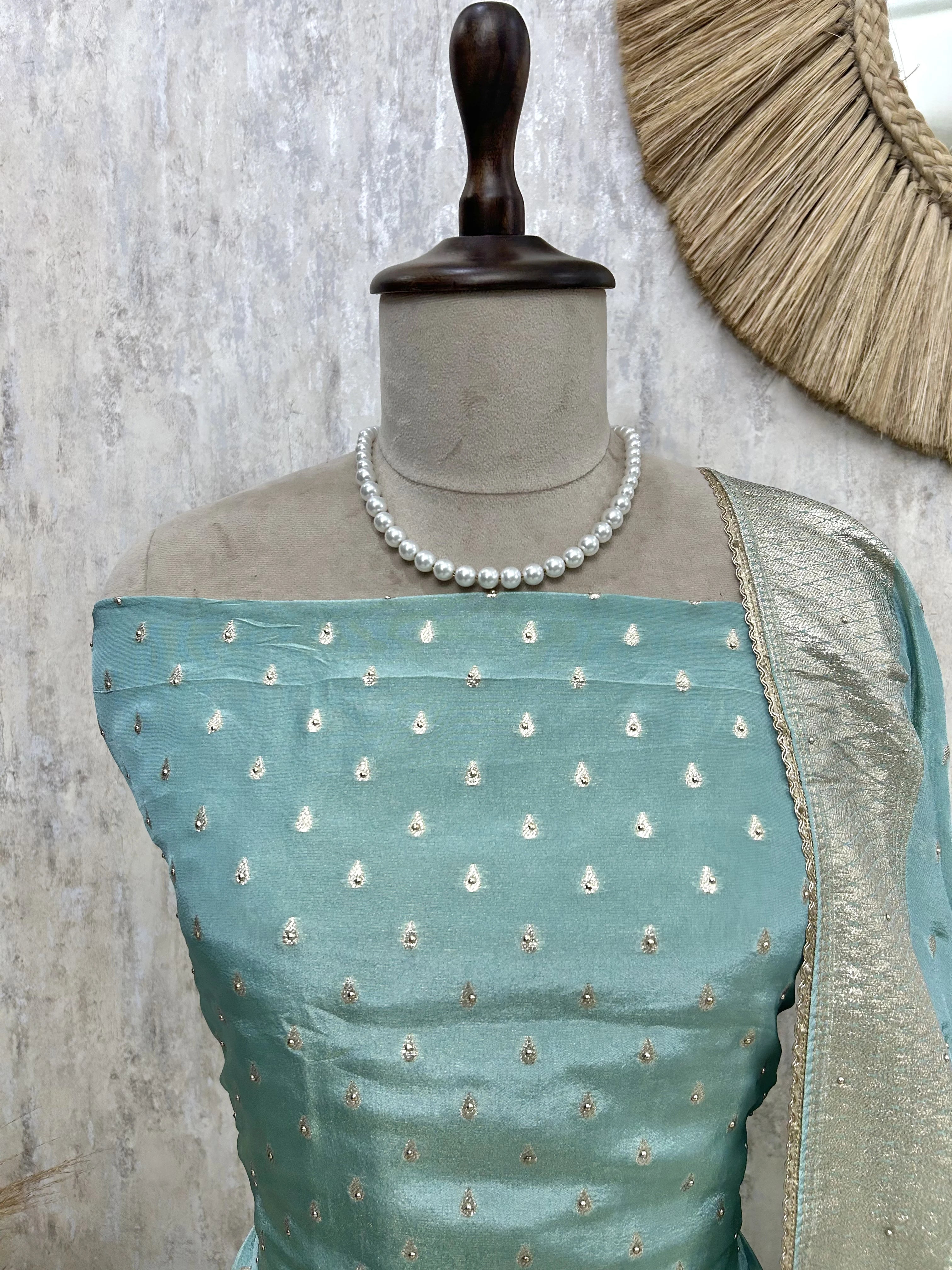 Tissue Unstitched Suit Set With Embroidered Hemline