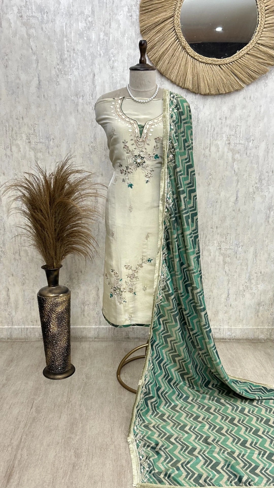 Tissue Unstitched suit with Gota patti Neckline