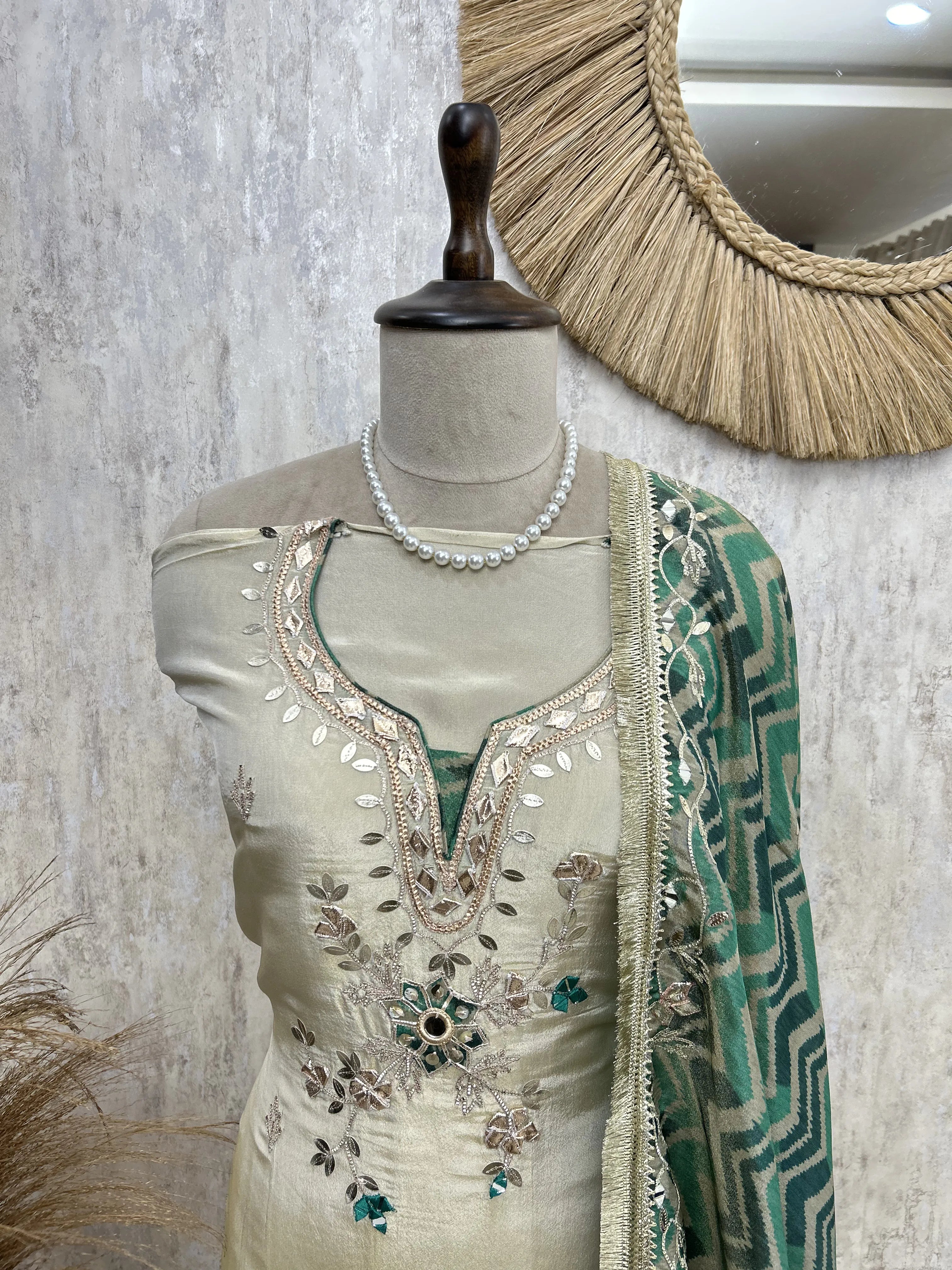 Tissue Unstitched suit with Gota patti Neckline