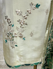 Tissue Unstitched suit with Gota patti Neckline