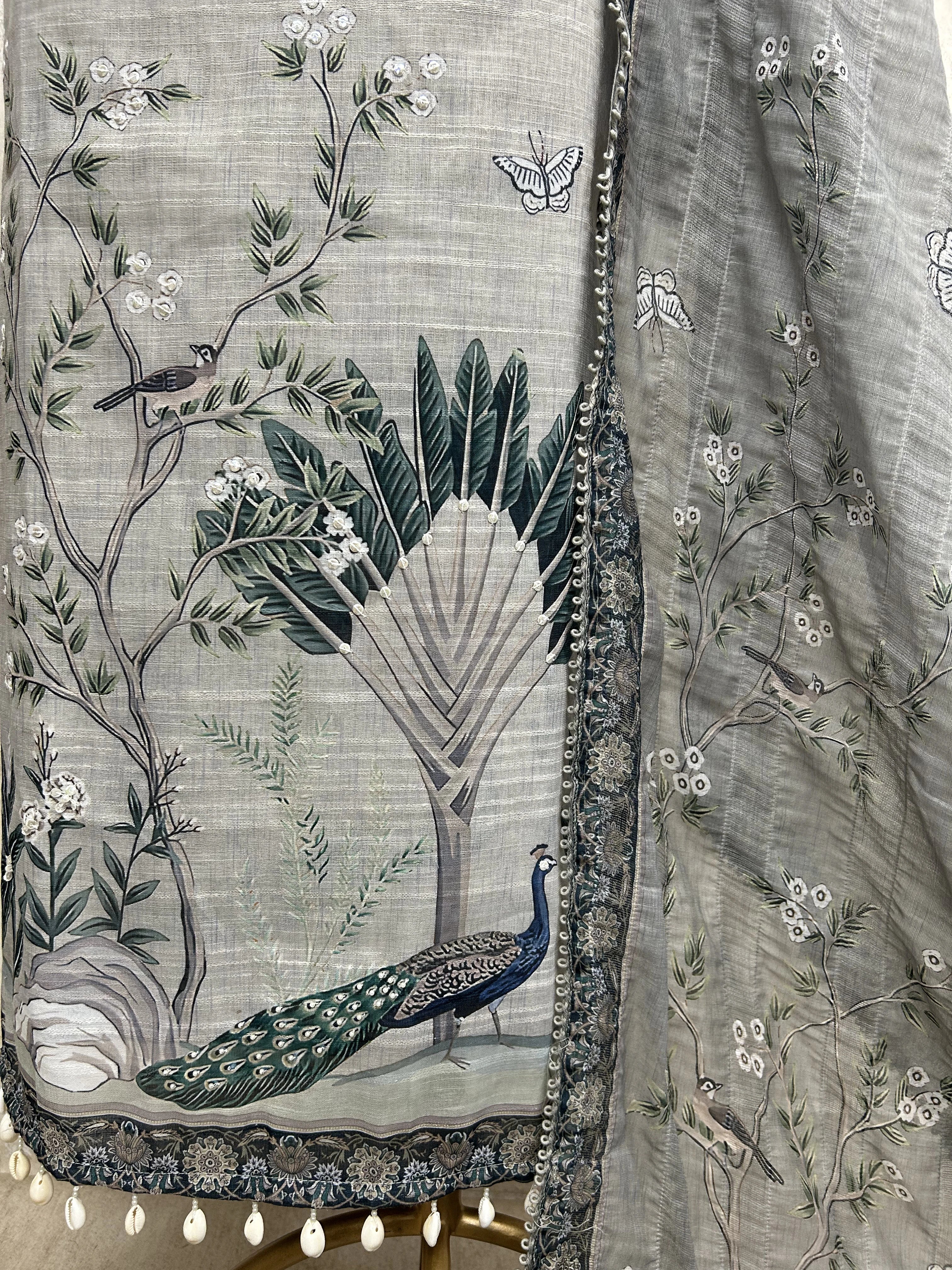 Linen Cotton Pichwai Peacock Print Unstitched Suit Set