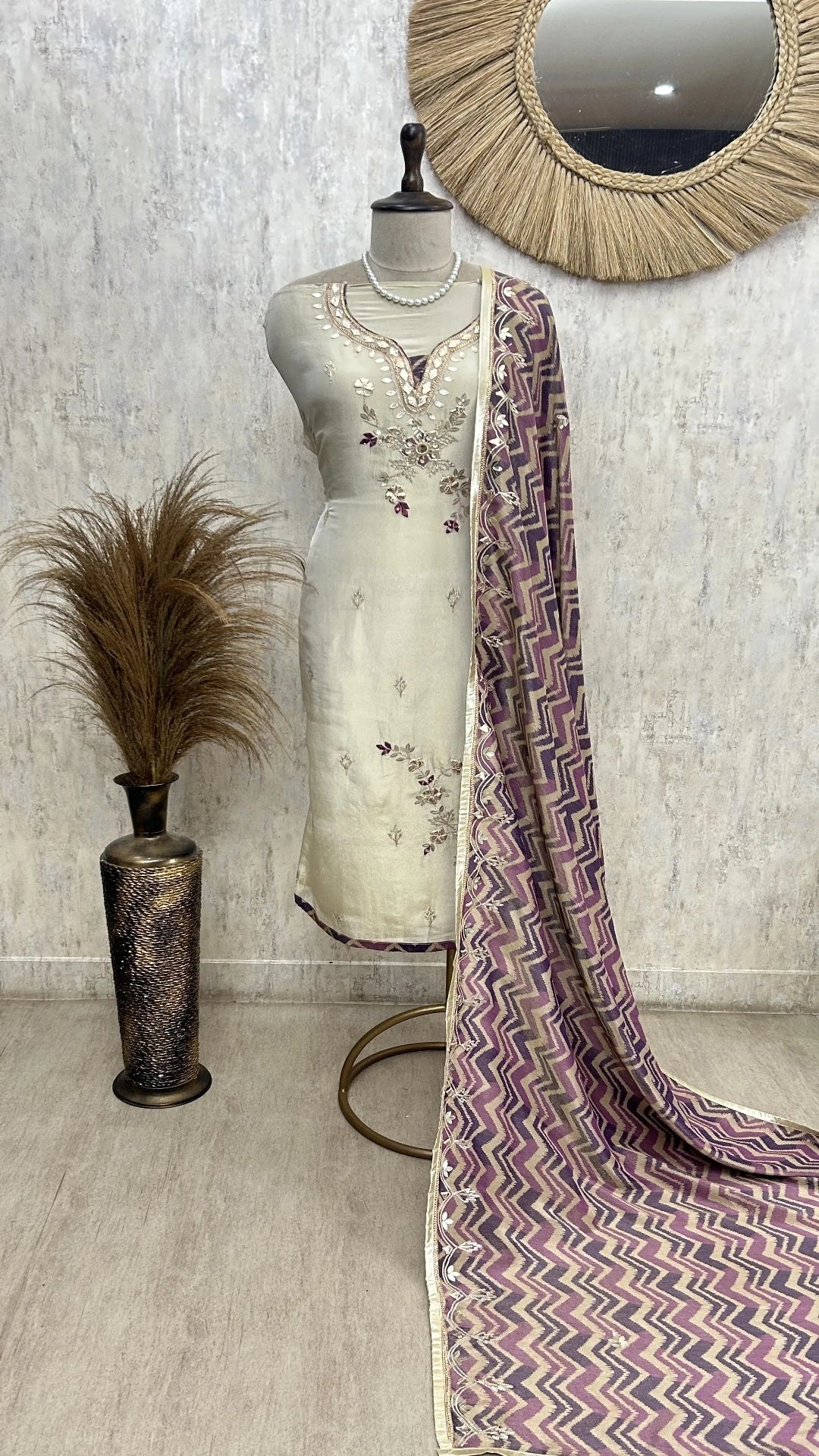 Tissue Unstitched suit with Gota patti Neckline