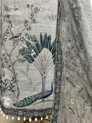 Linen Cotton Pichwai Peacock Print Unstitched Suit Set