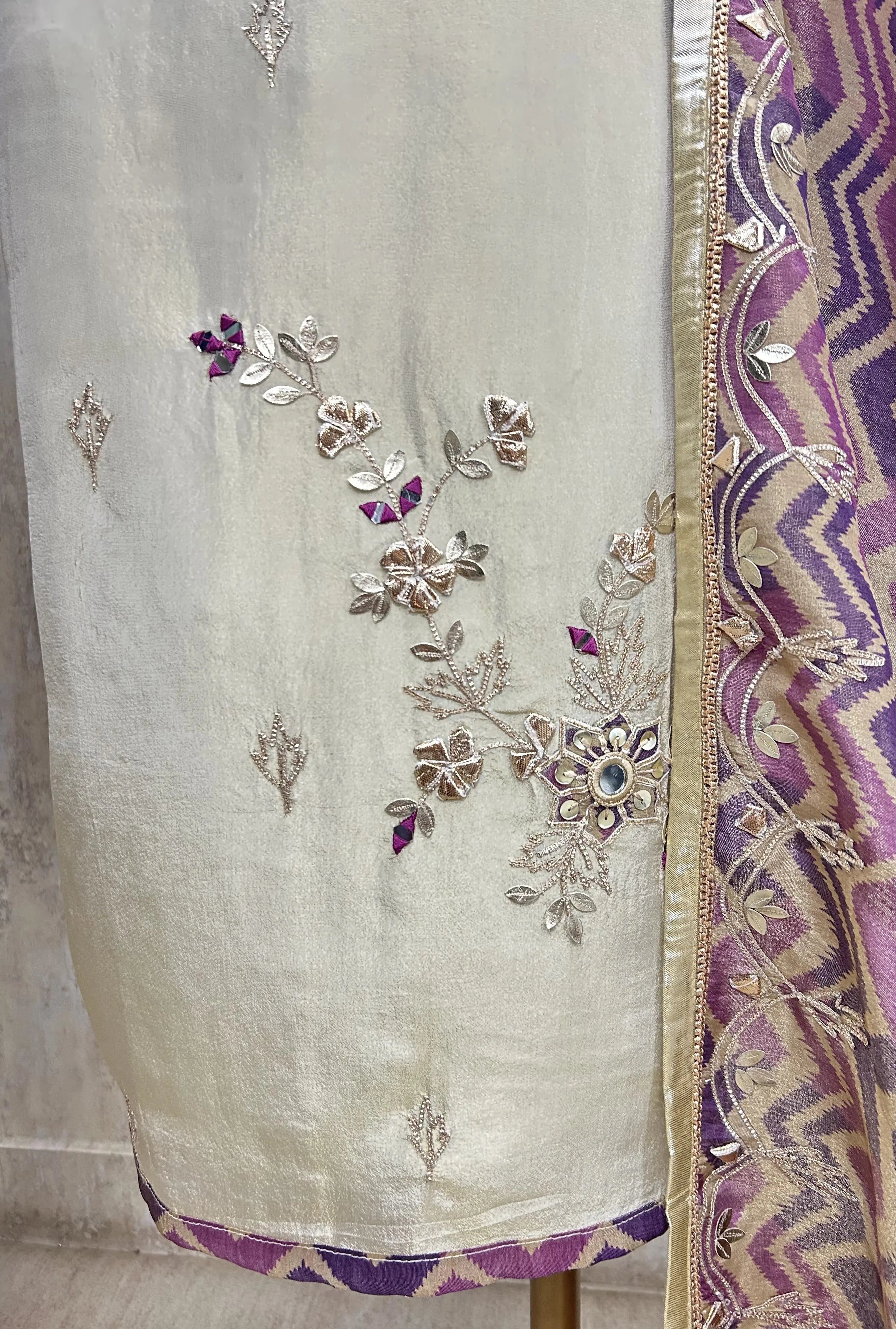 Tissue Unstitched suit with Gota patti Neckline