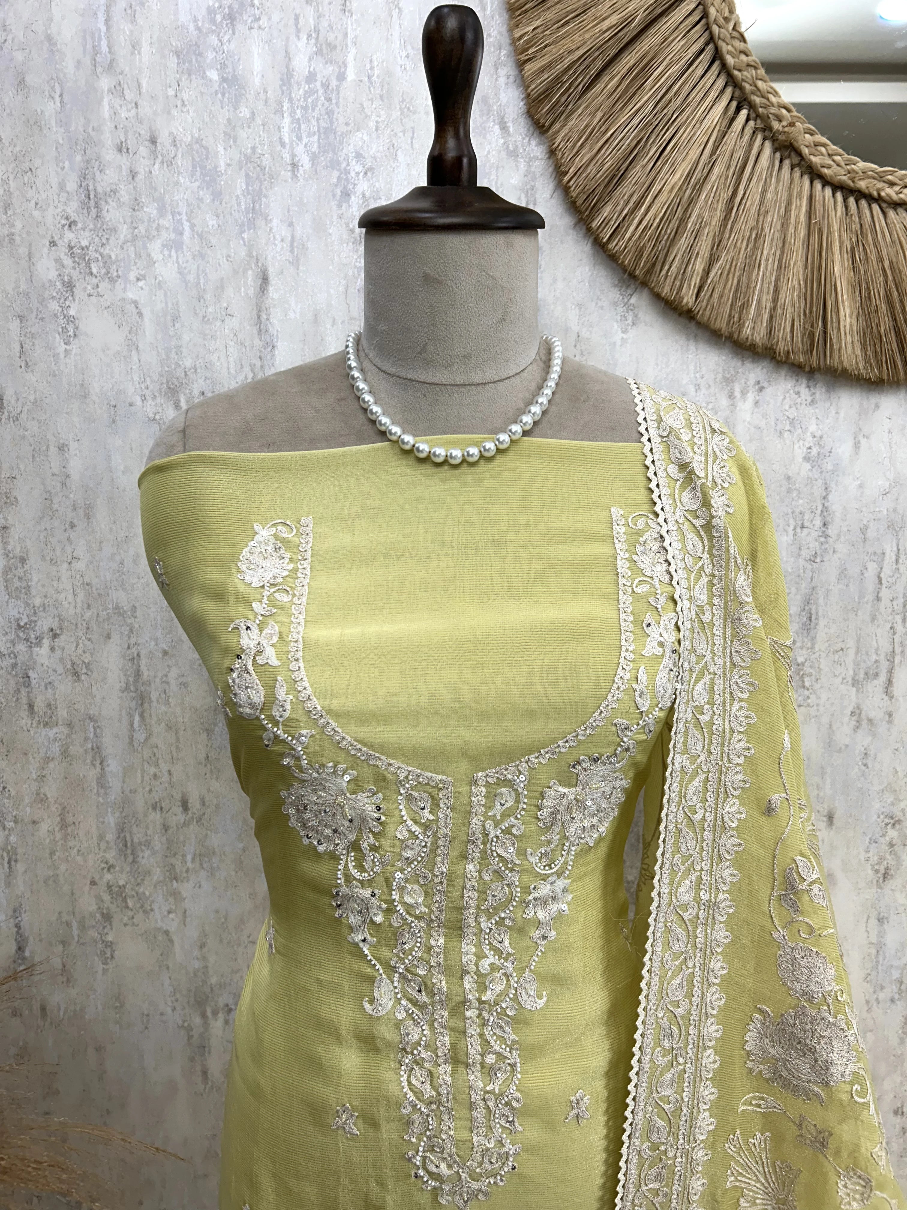 Tissue Linen Unstitched Suit Set With Resham Thread Embroidery