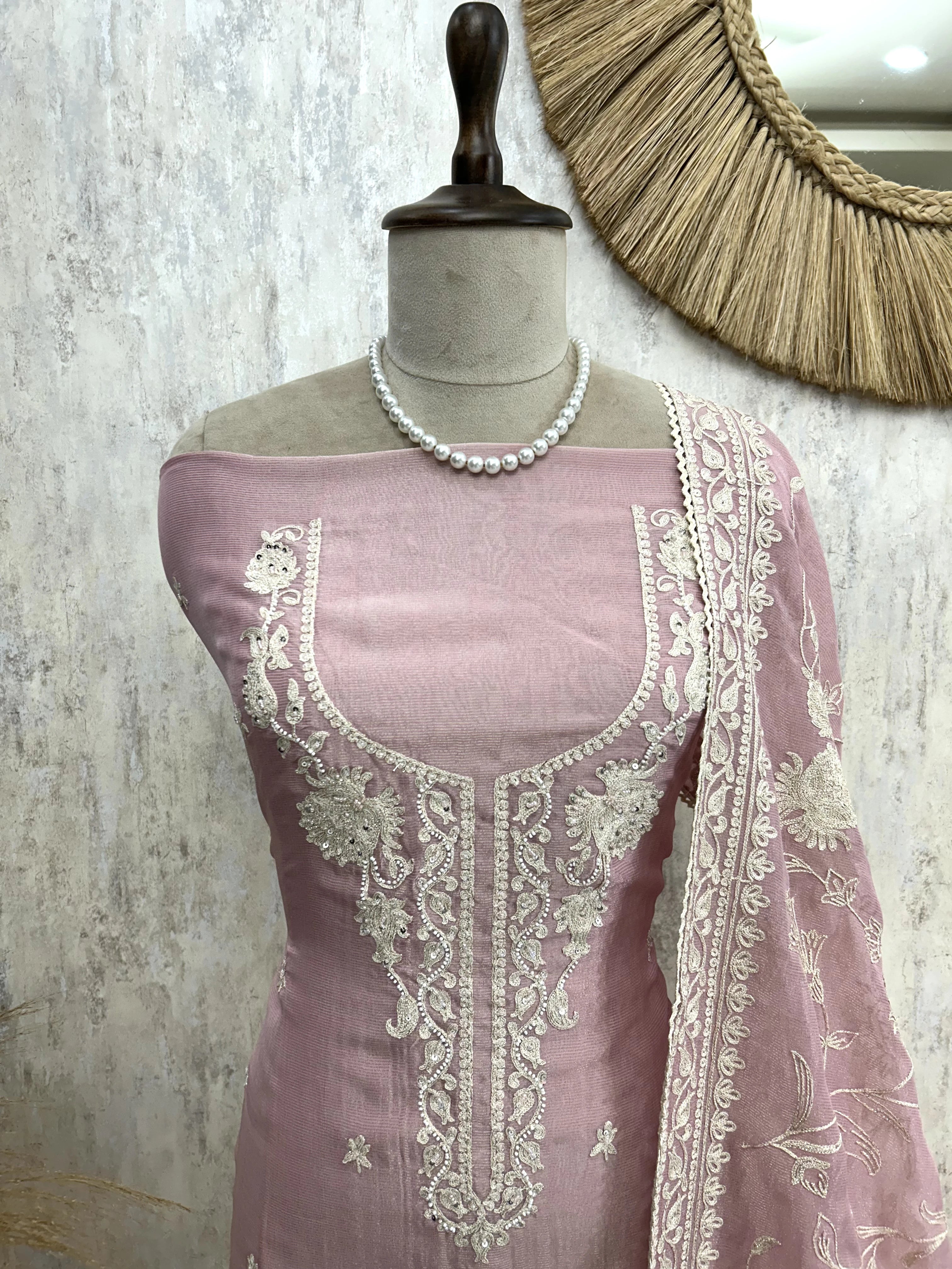 Tissue Linen Unstitched Suit Set With Resham Thread Embroidery