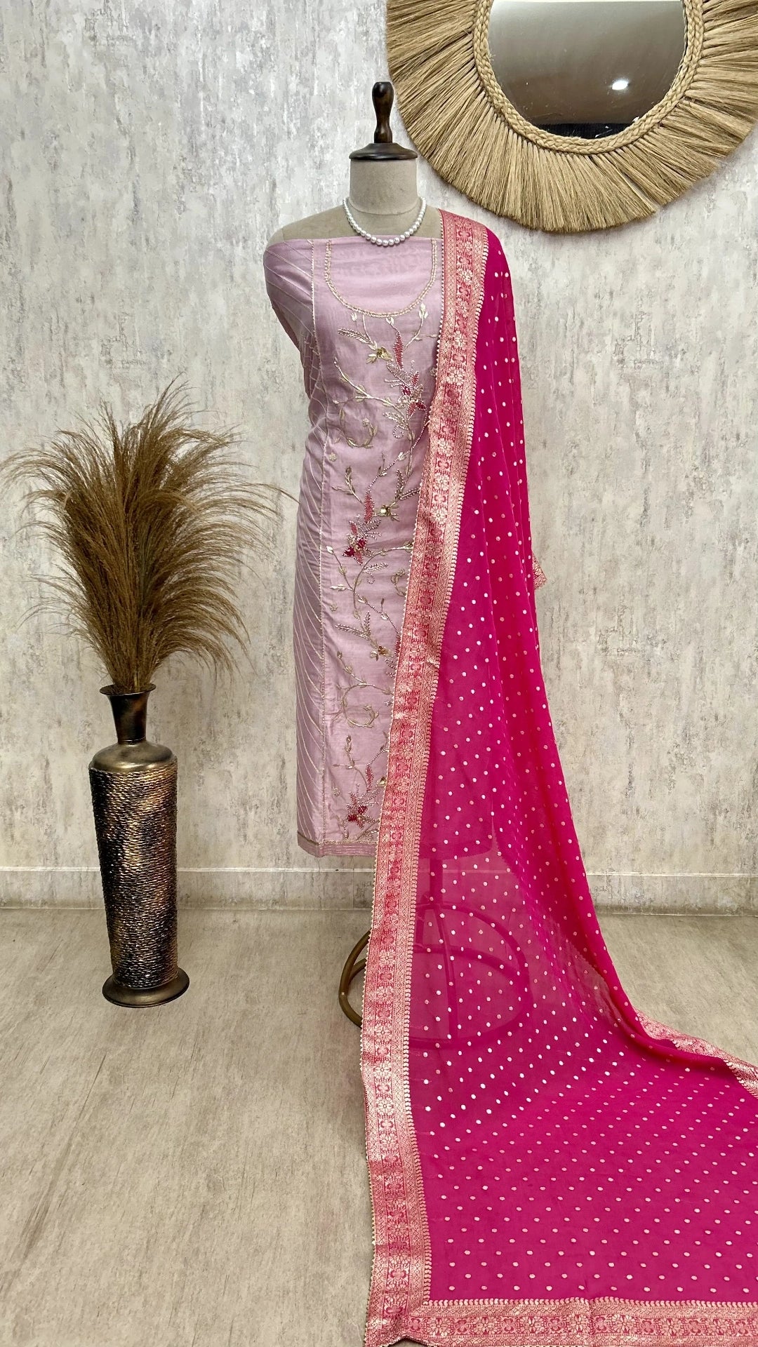 Maheshwari Unstitched Suit with floral hand embroidery