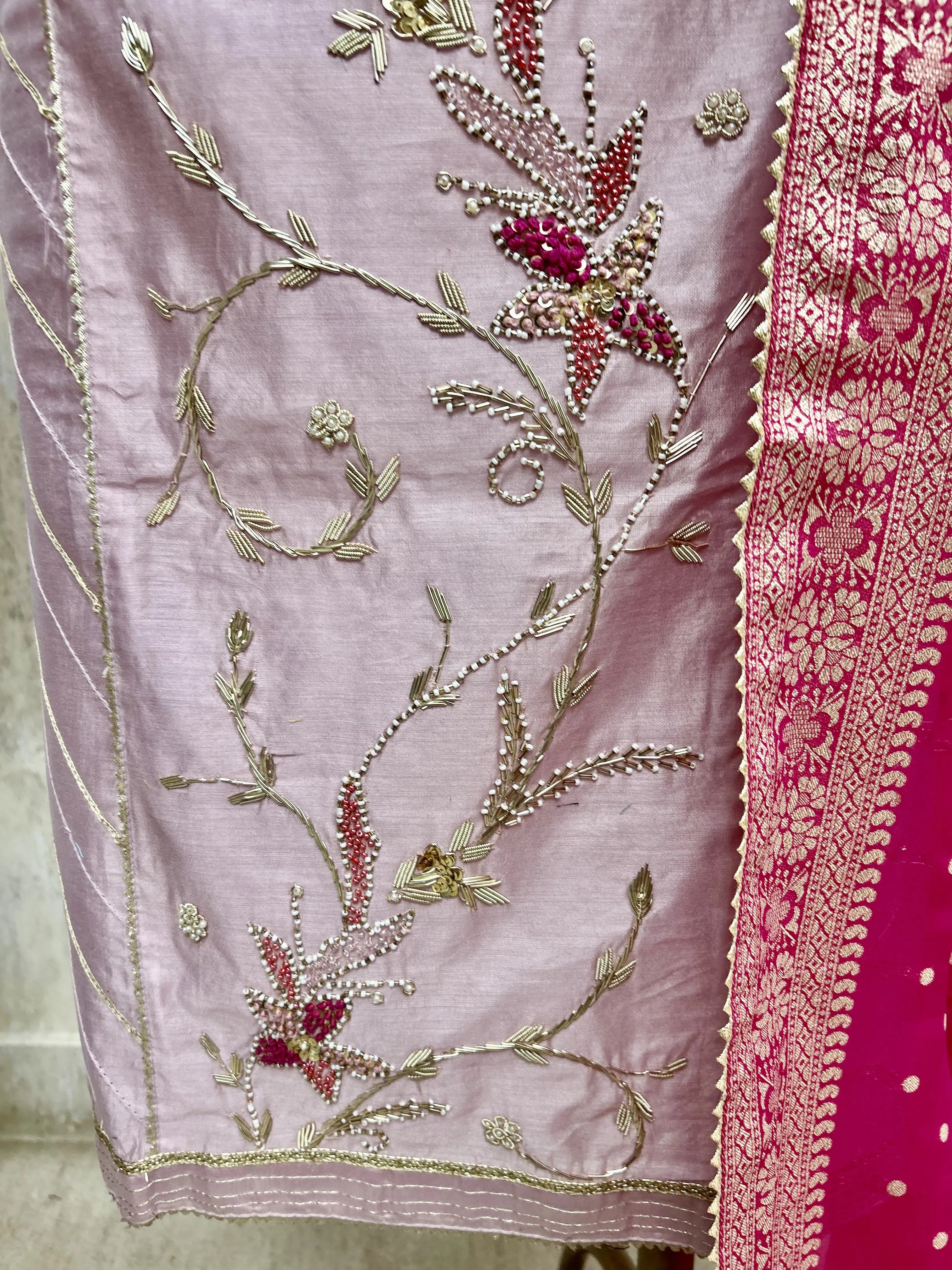 Maheshwari Unstitched Suit with floral hand embroidery