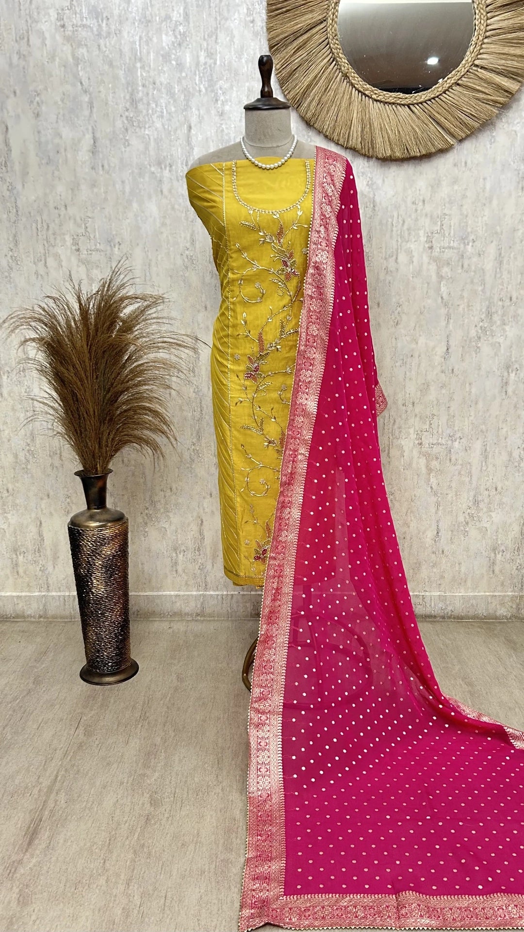 Maheshwari Unstitched Suit with floral hand embroidery