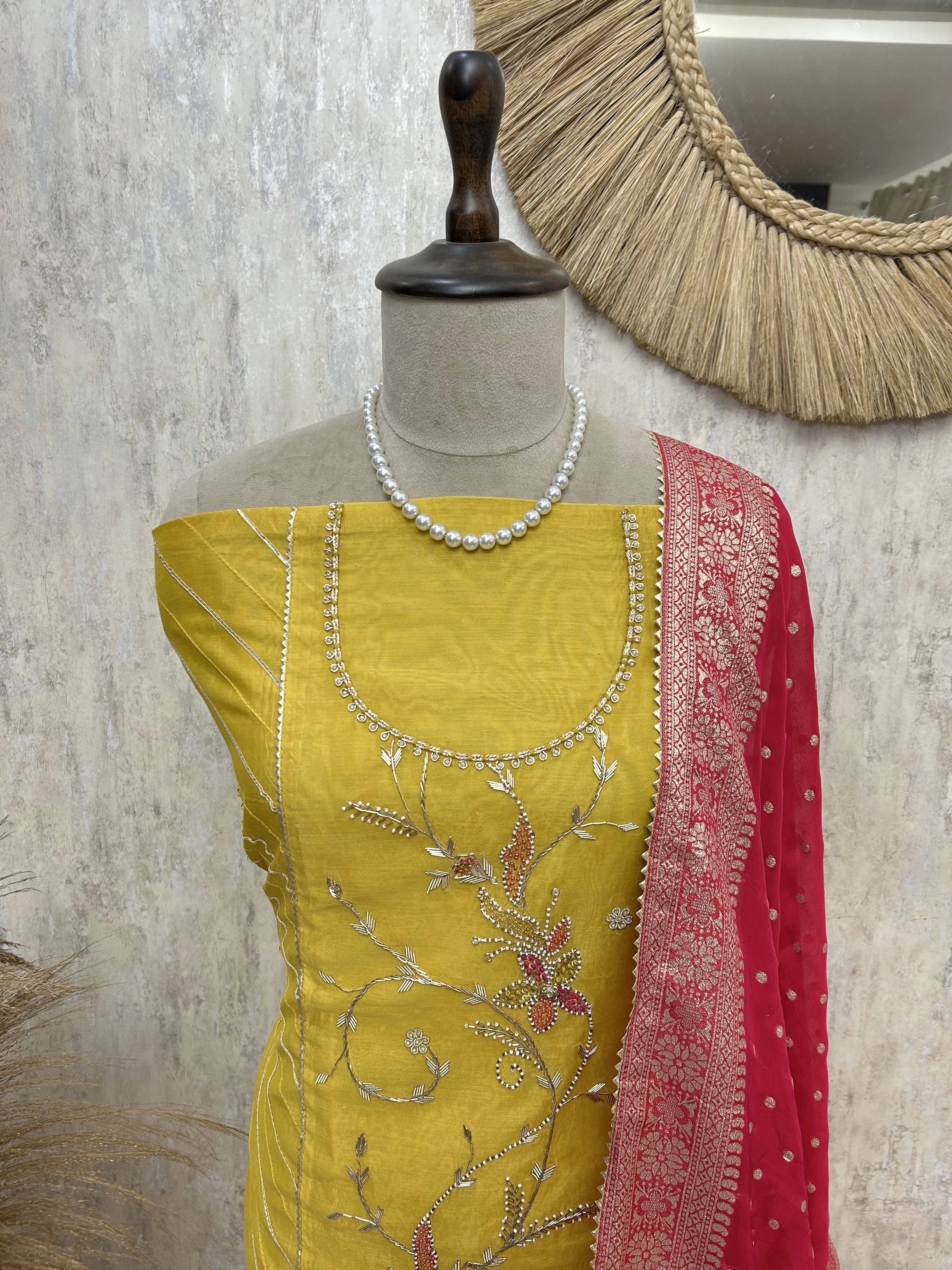 Maheshwari Unstitched Suit with floral hand embroidery