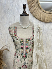 Jamdani Linen Unstitched suit with Floral Motifs