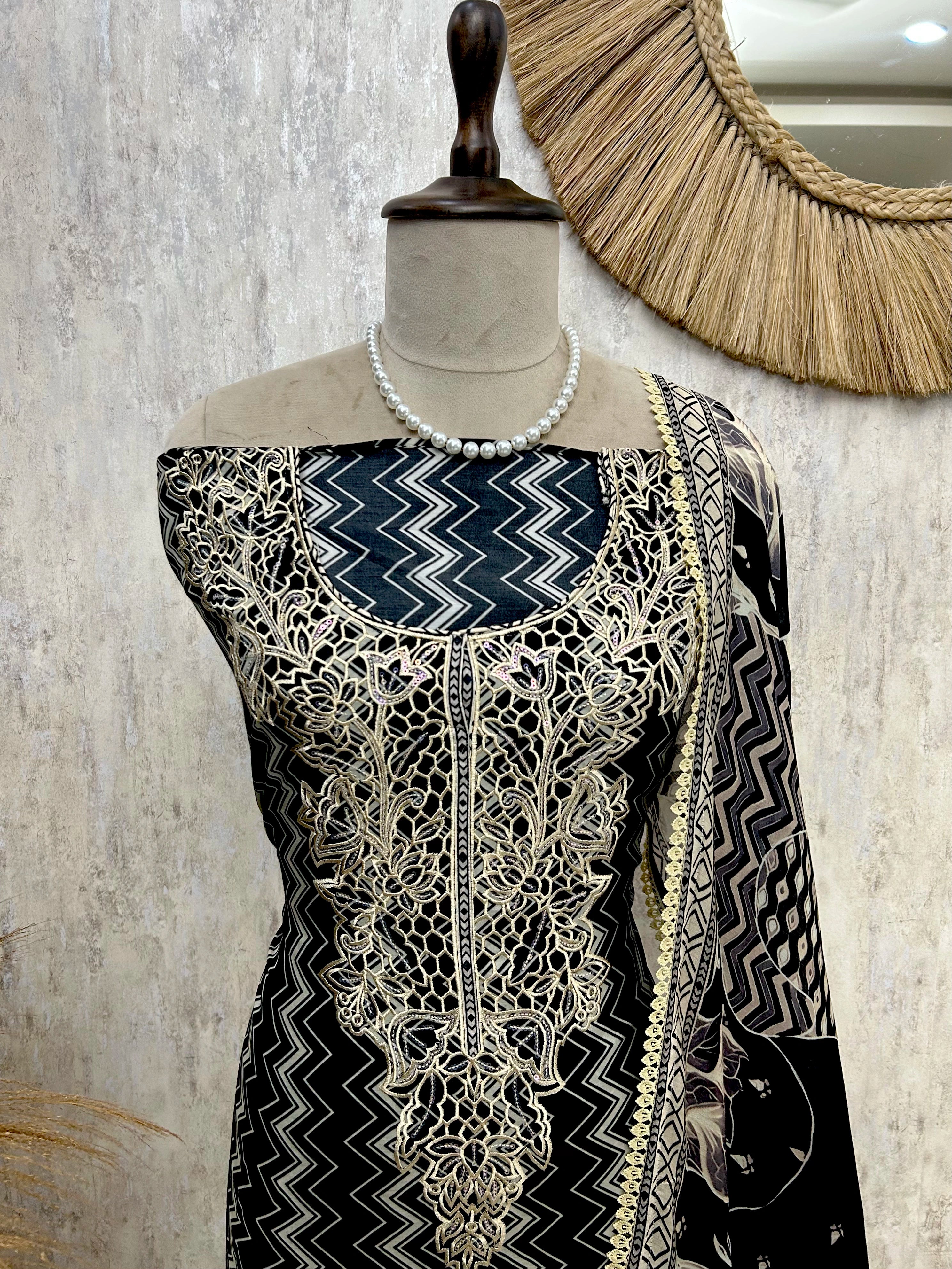 Muslin Unstitched Suit Set With Thread Embroidered Neckline