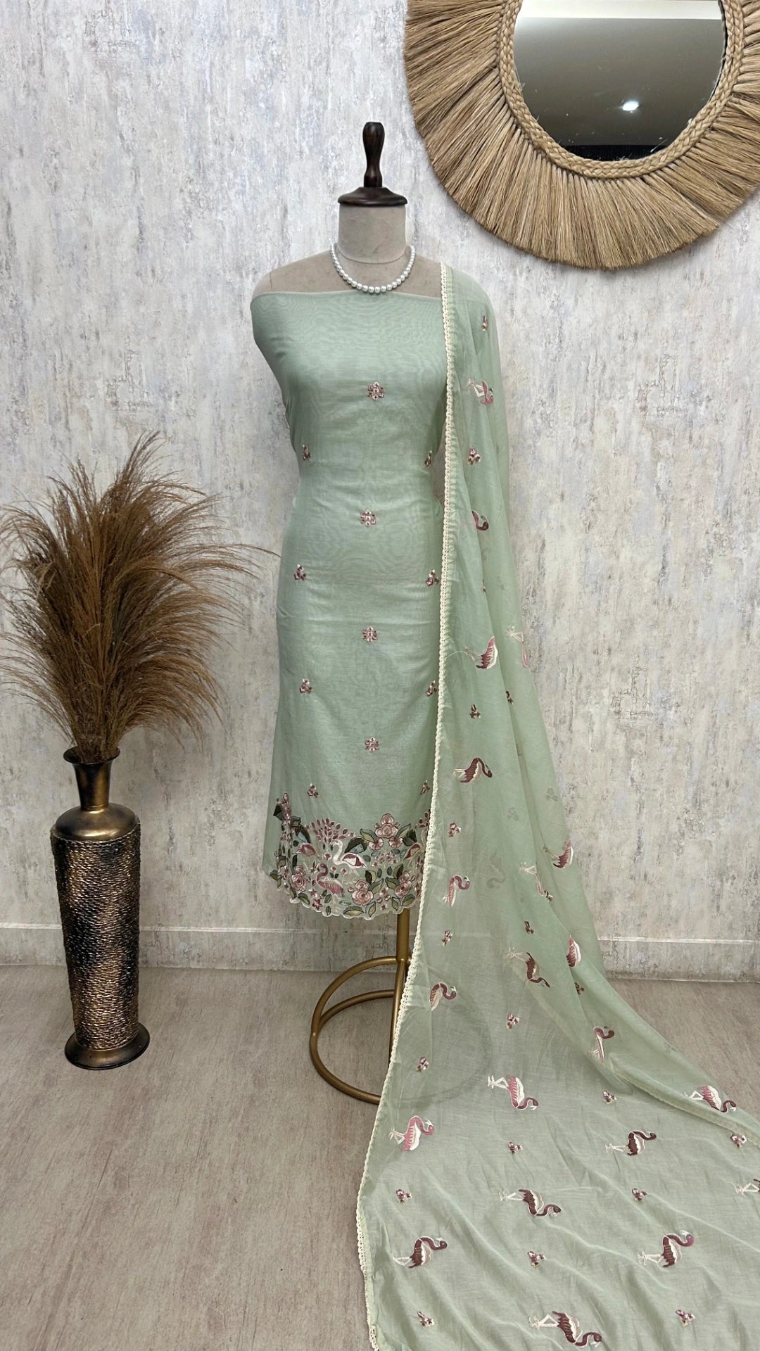 Mul Unstitched Suit Set With Flamingo Motif On Hemline