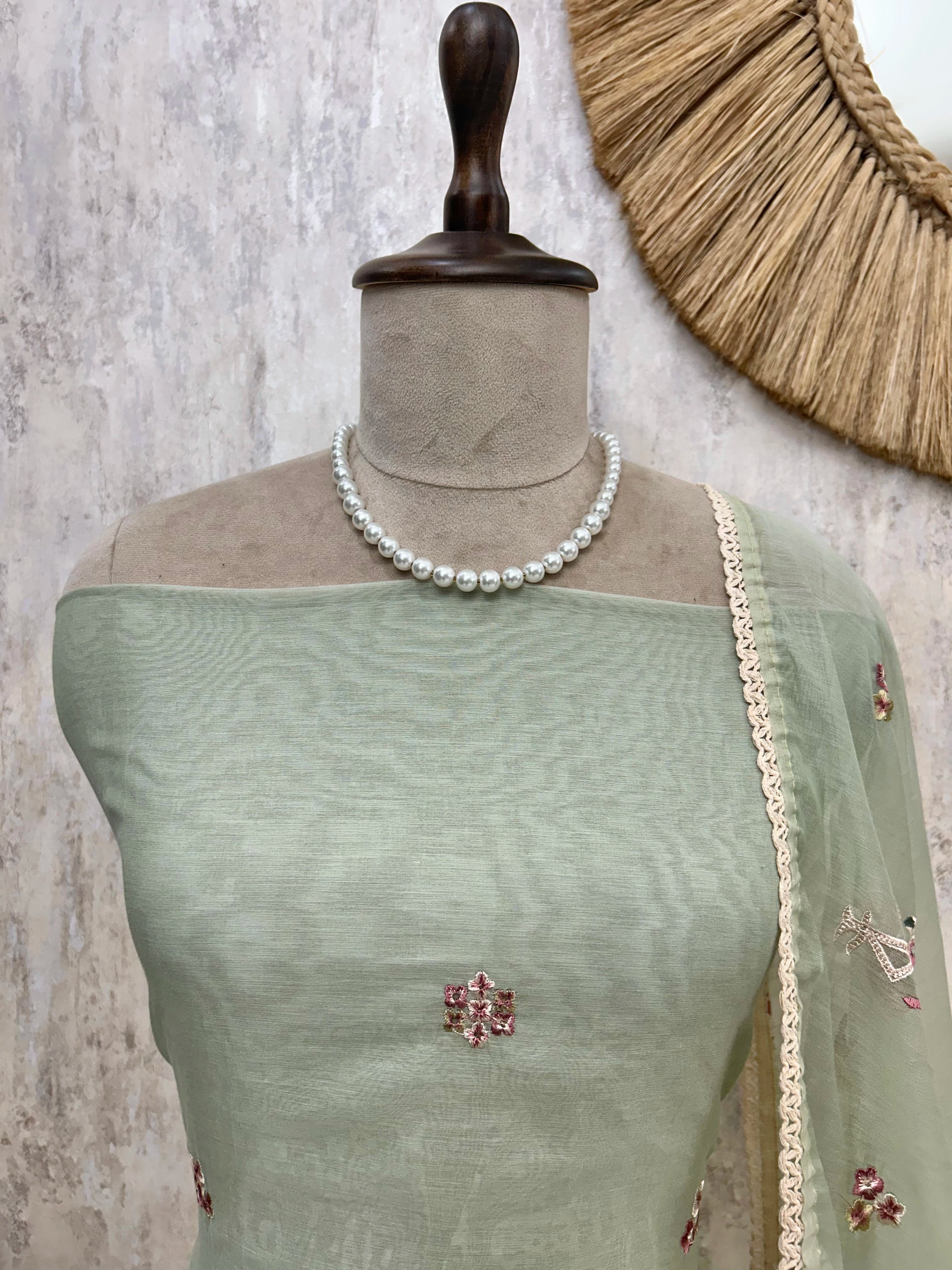 Mul Unstitched Suit Set With Flamingo Motif On Hemline