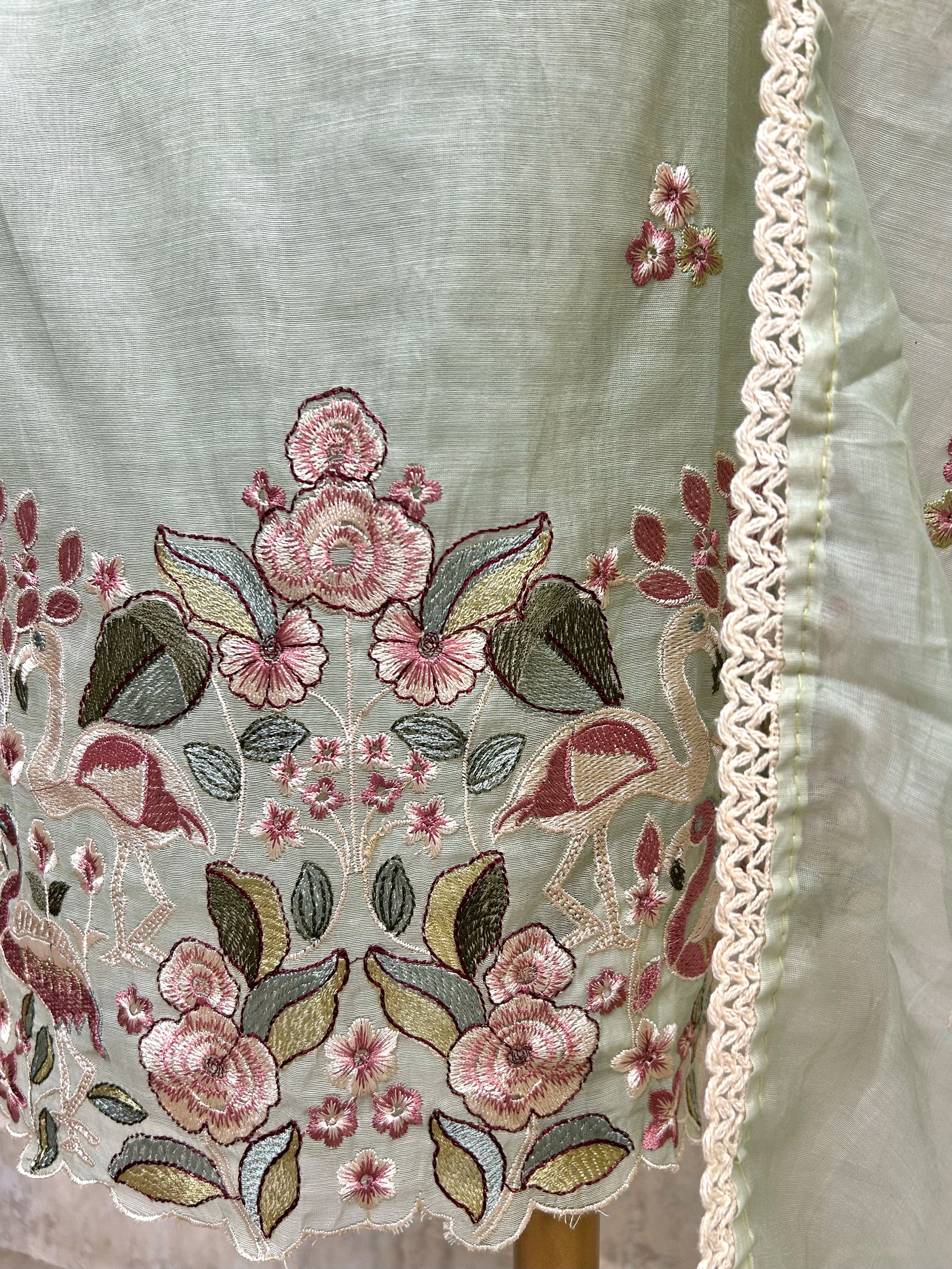 Mul Unstitched Suit Set With Flamingo Motif On Hemline