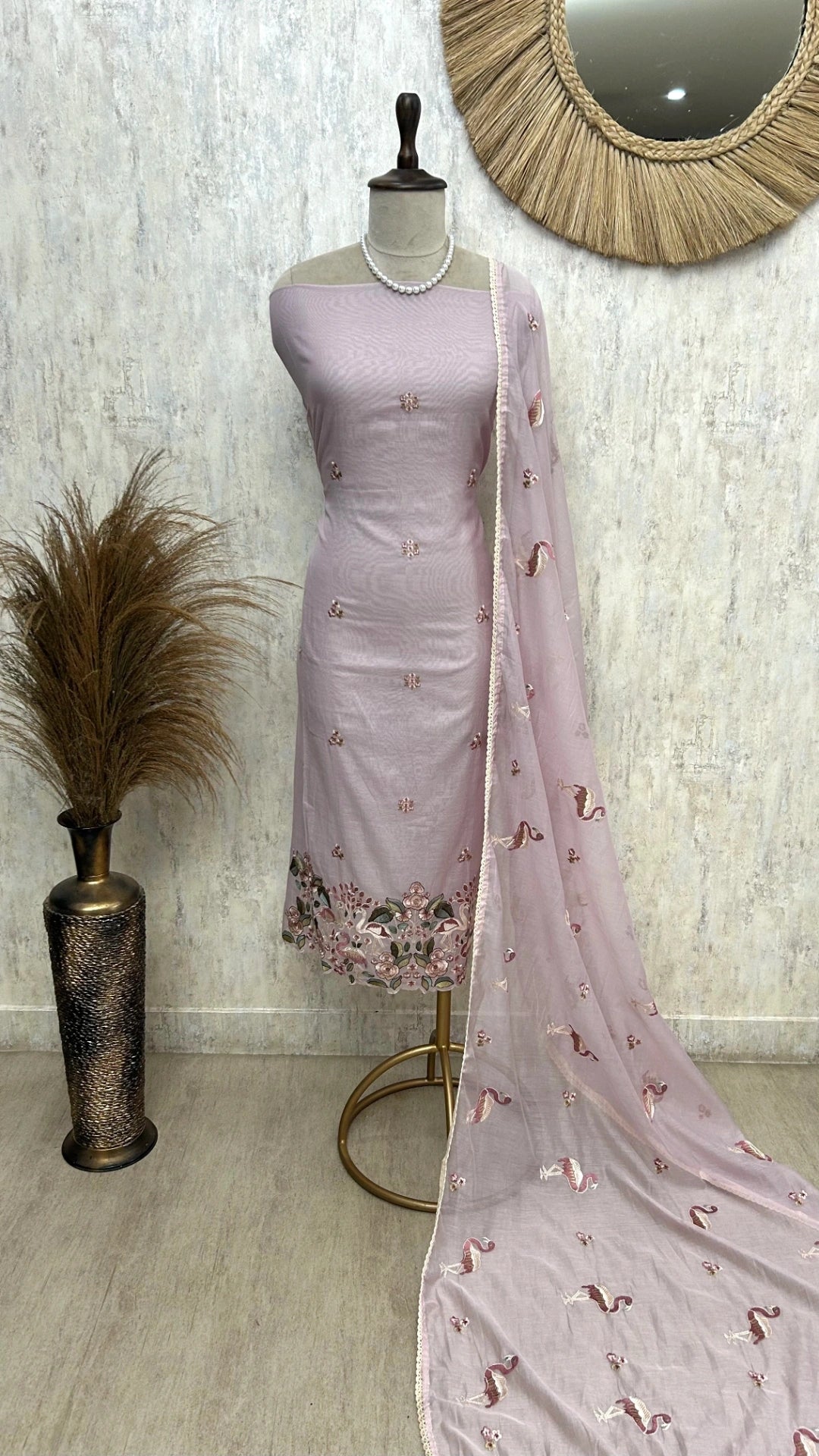 Mul Unstitched Suit Set With Flamingo Motif On Hemline