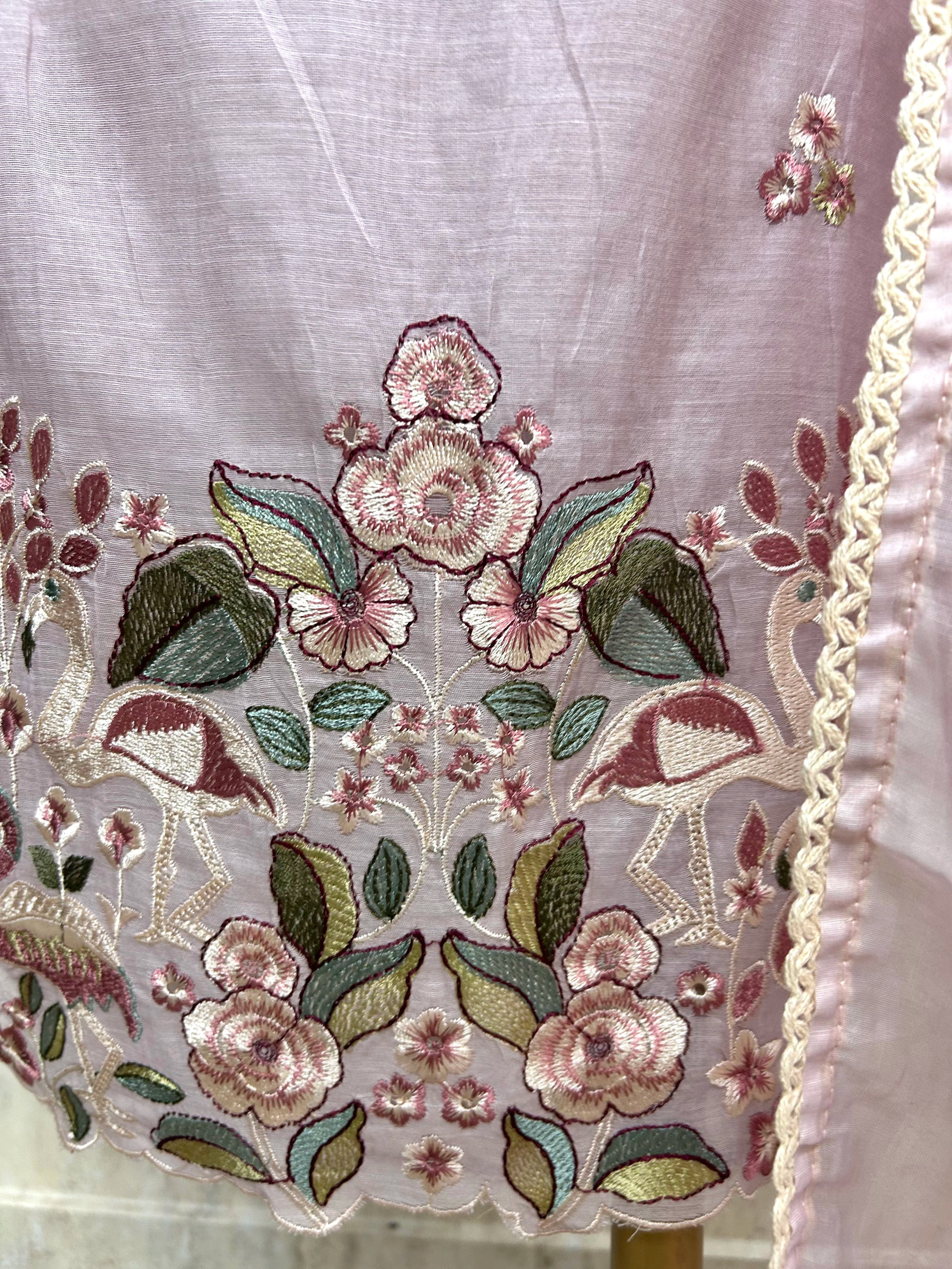 Mul Unstitched Suit Set With Flamingo Motif On Hemline