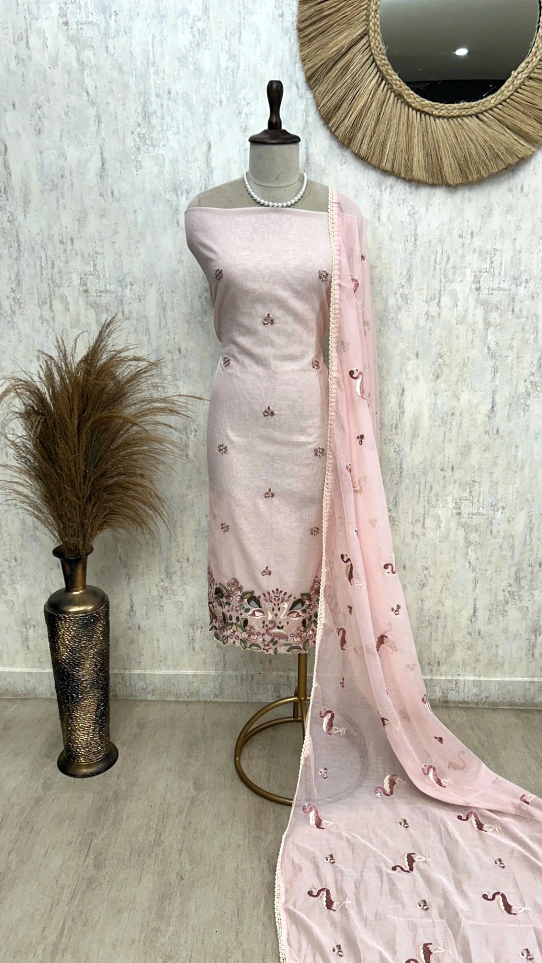 Mul Unstitched Suit Set With Flamingo Motif On Hemline