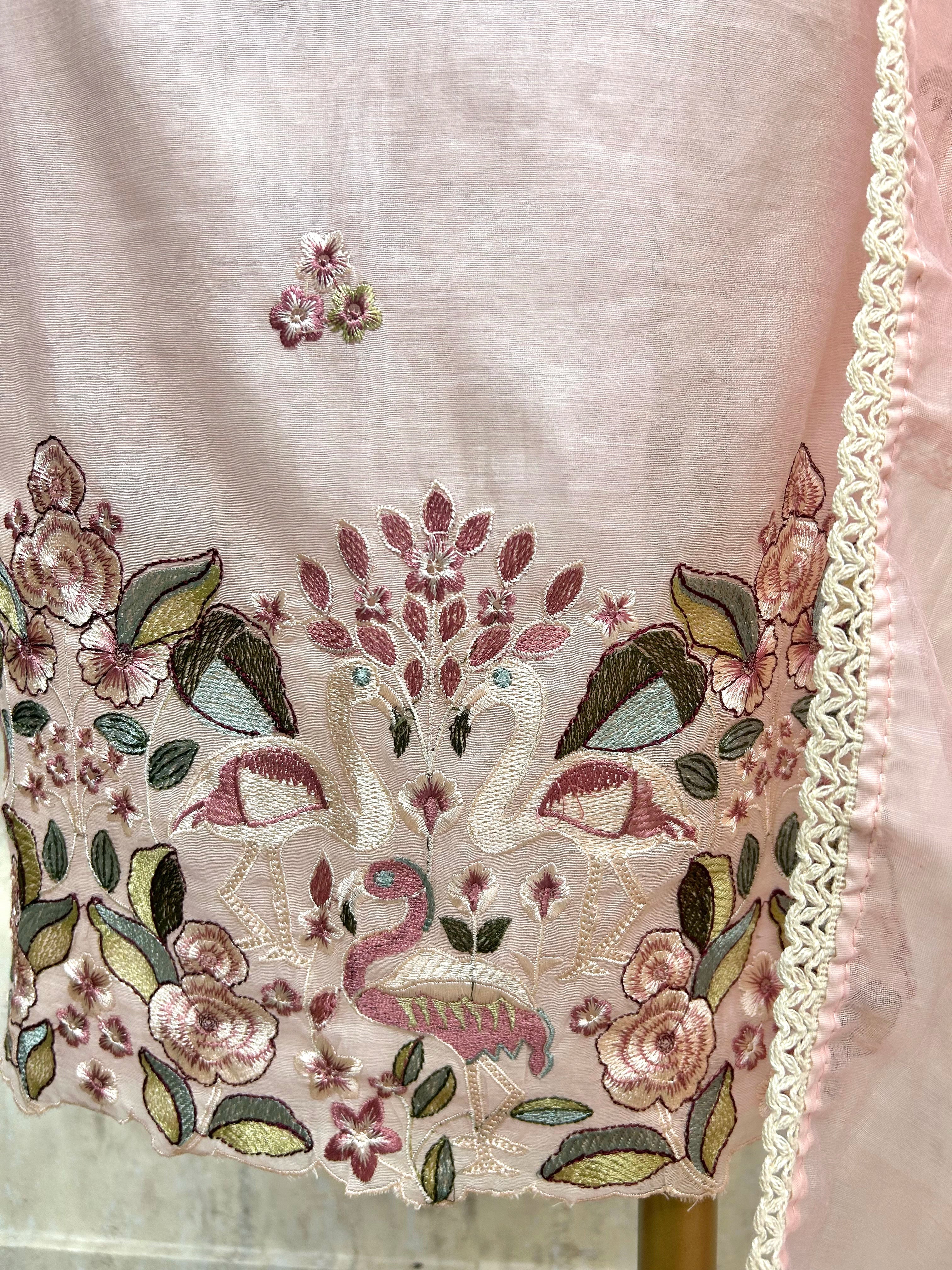 Mul Unstitched Suit Set With Flamingo Motif On Hemline