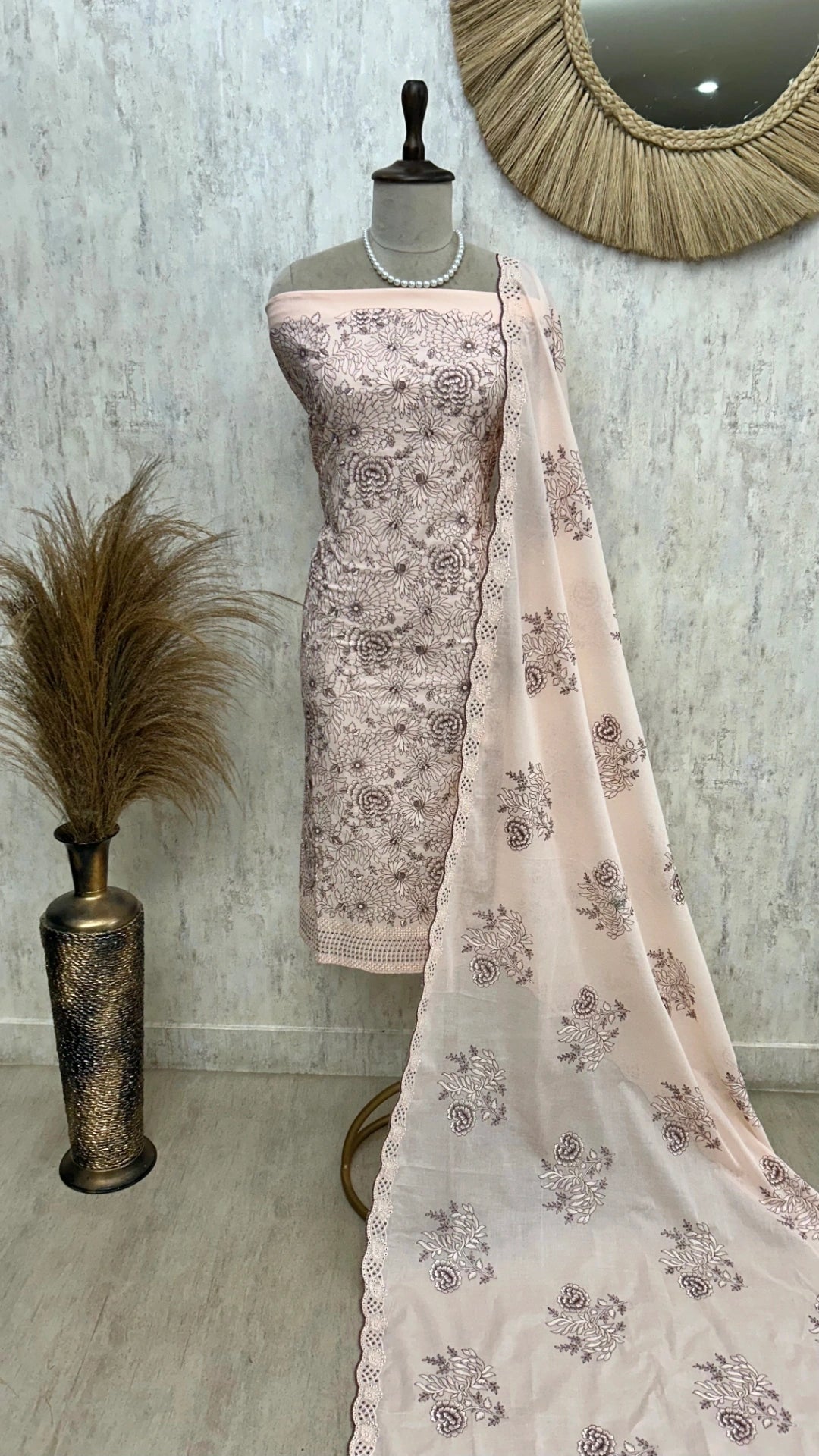 Cotton Unstitched Suit Set Thread Embroidery