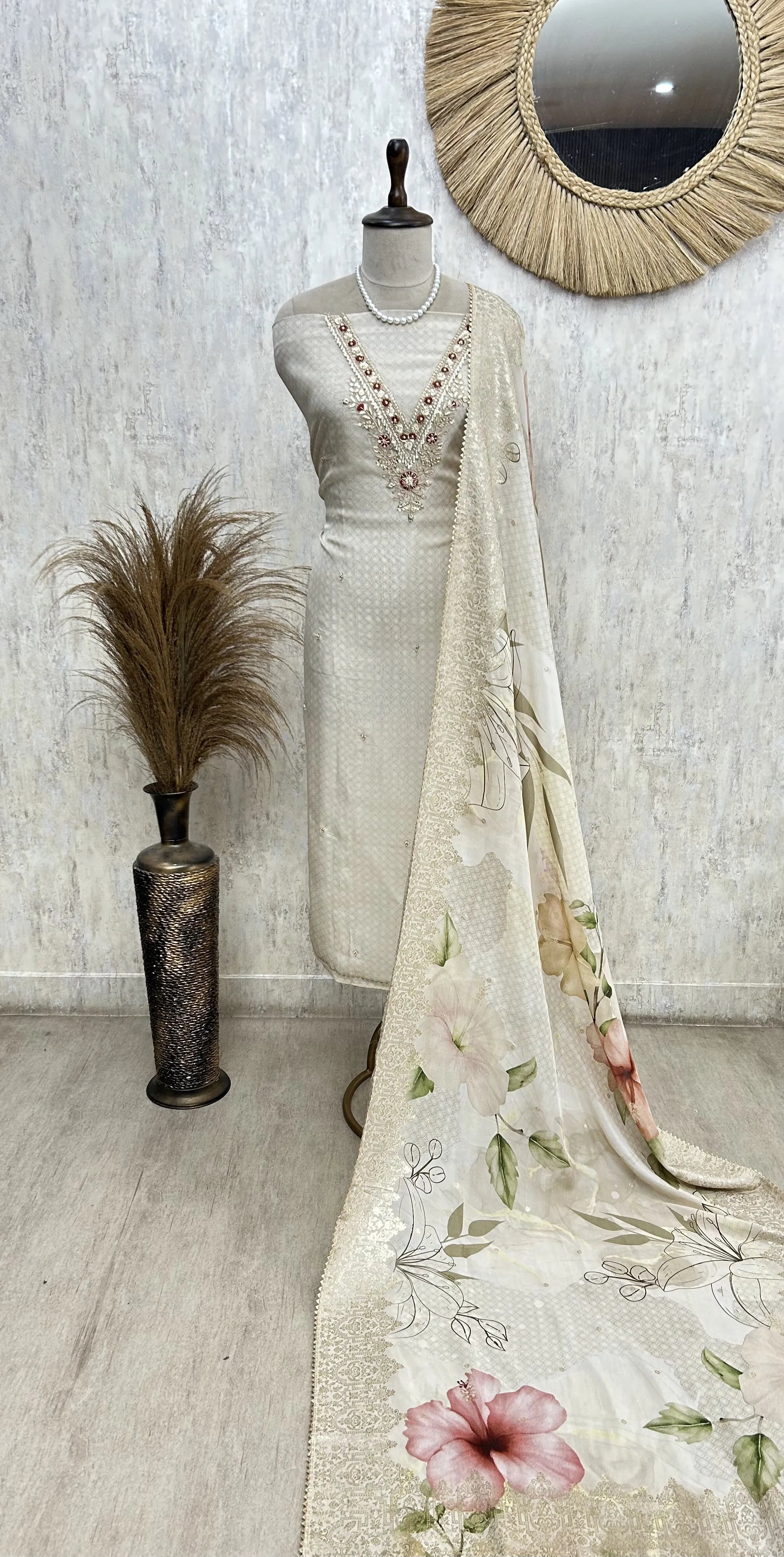 Elegant Embroidered Neckline Unstiched Suit