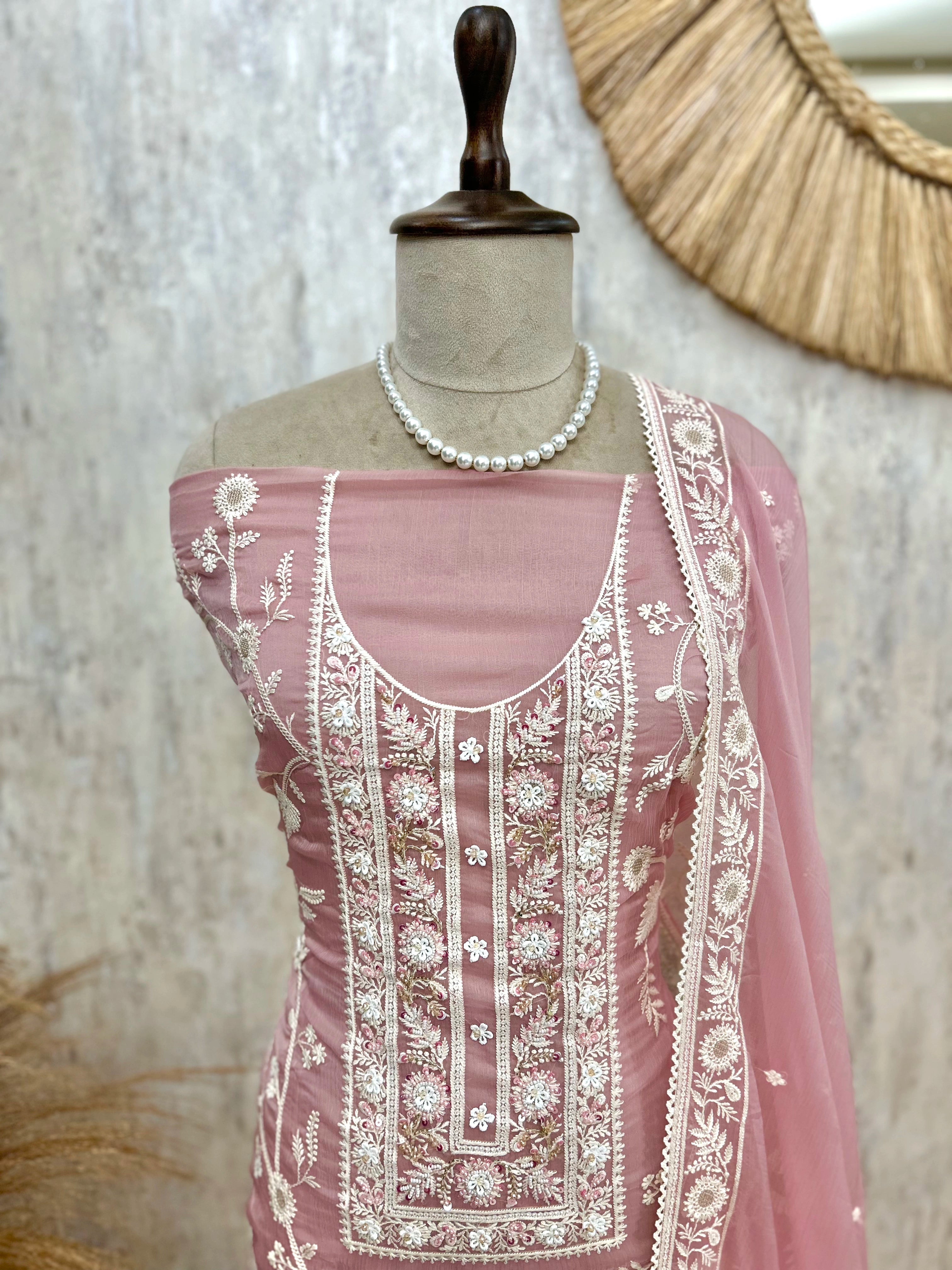 Chiffon Organza Unstitched Suit Set With Lucknowi Work