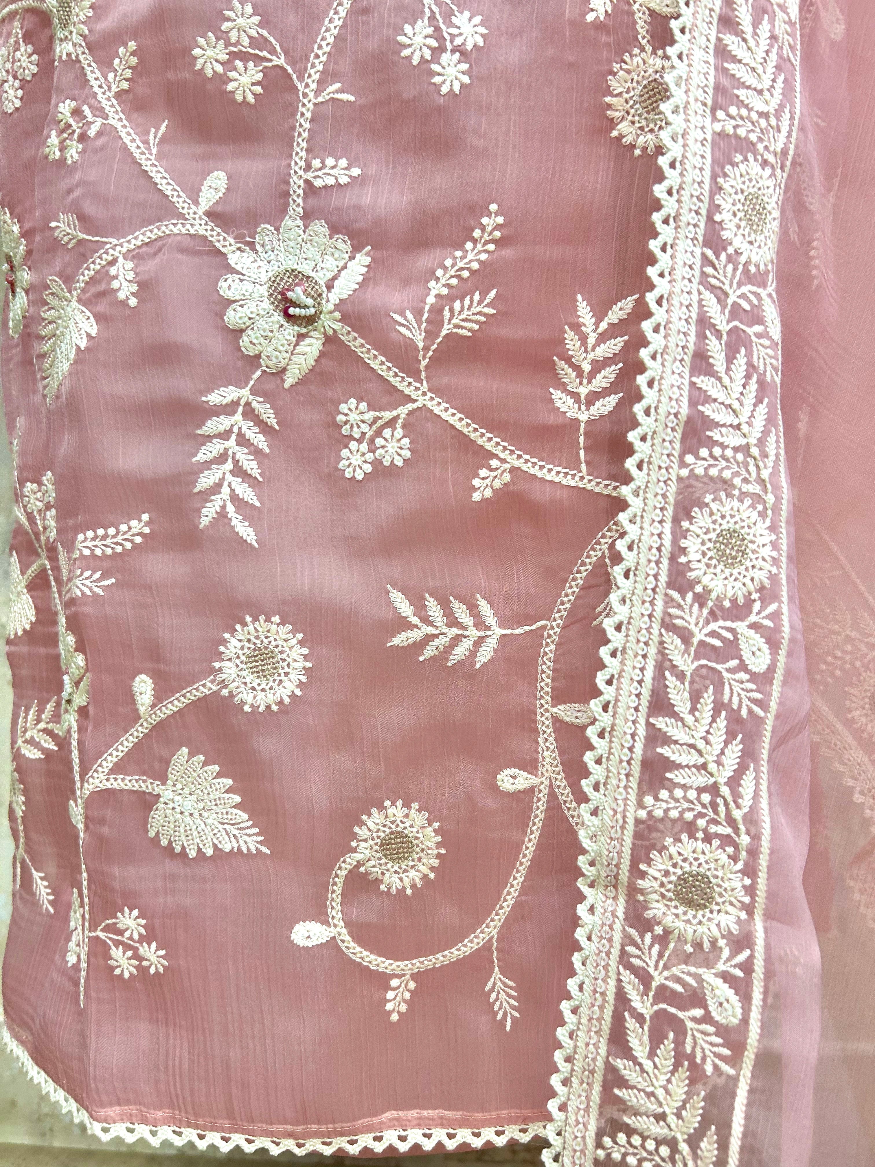 Chiffon Organza Unstitched Suit Set With Lucknowi Work