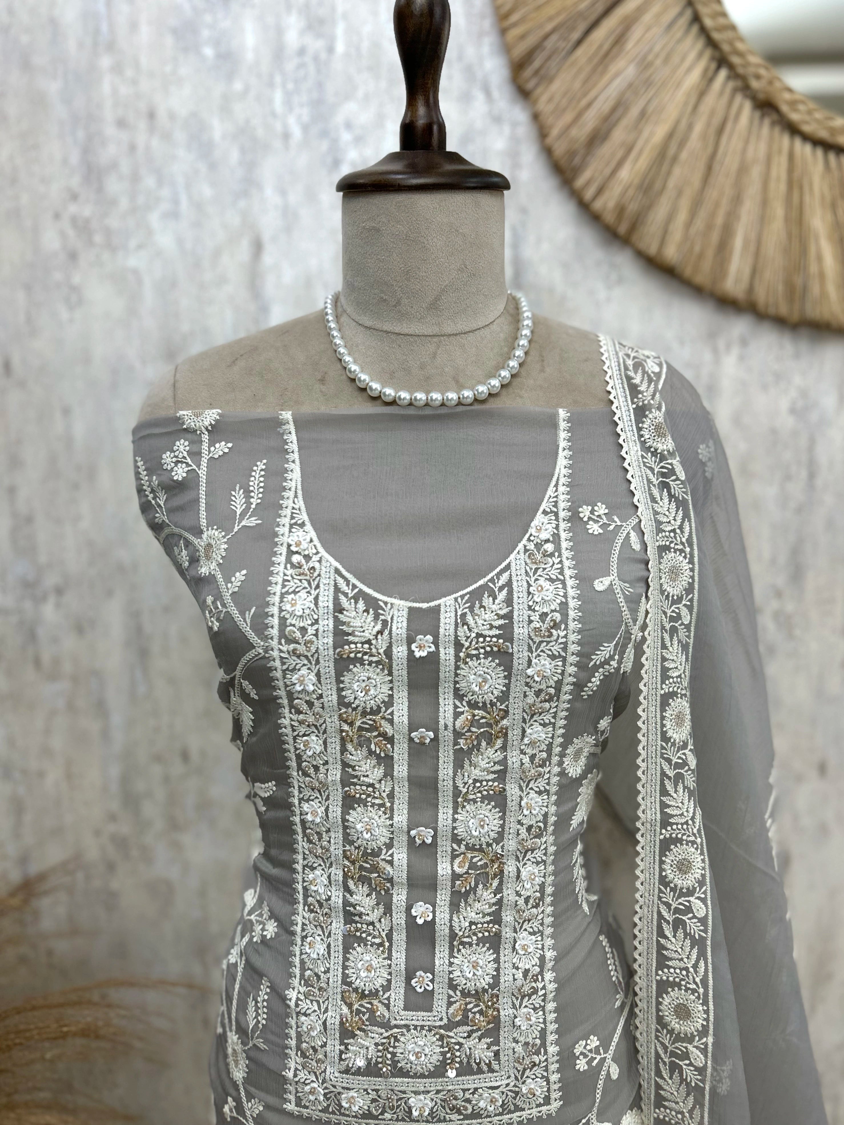 Chiffon Organza Unstitched Suit Set With Lucknowi Work