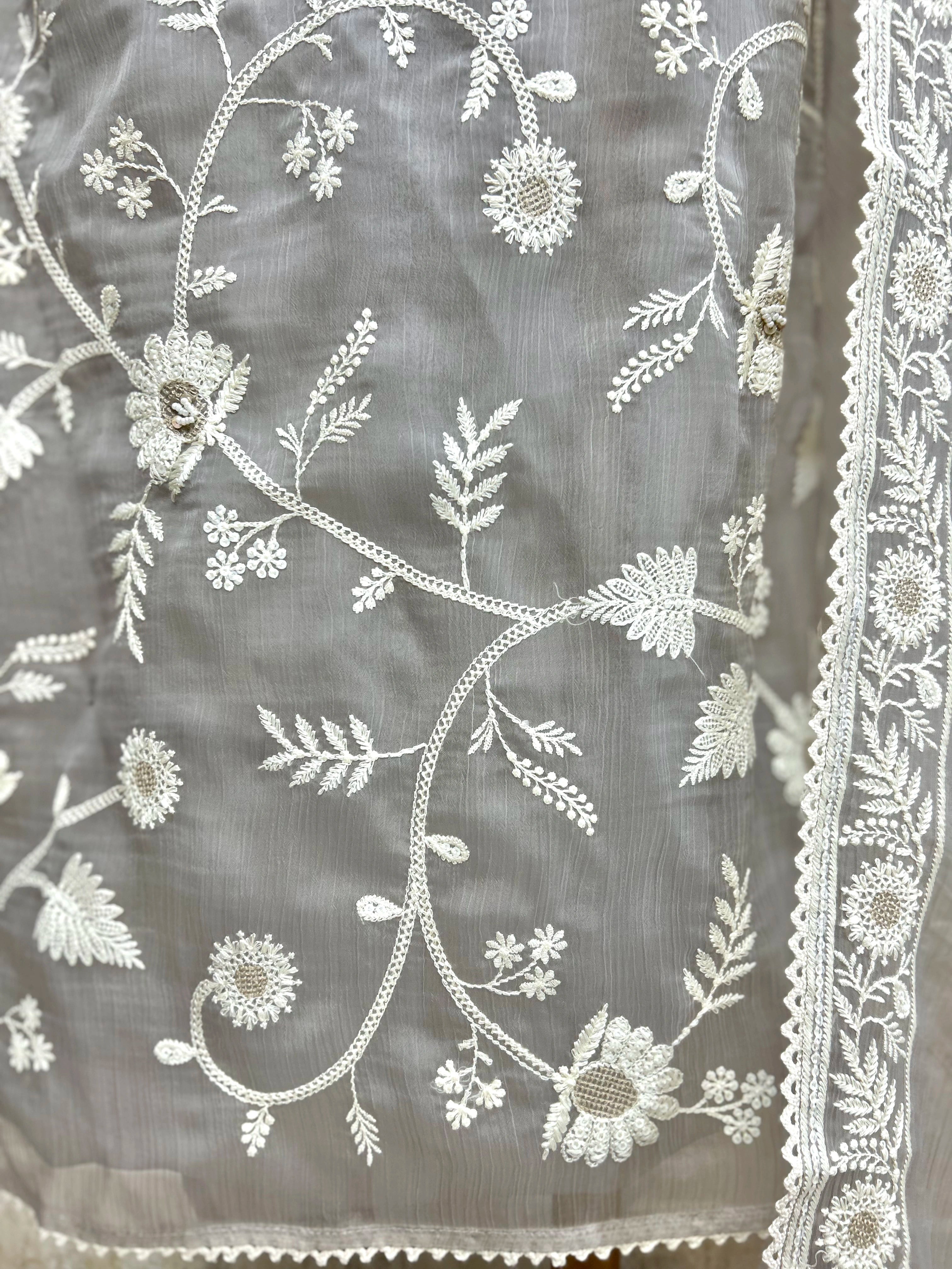 Chiffon Organza Unstitched Suit Set With Lucknowi Work