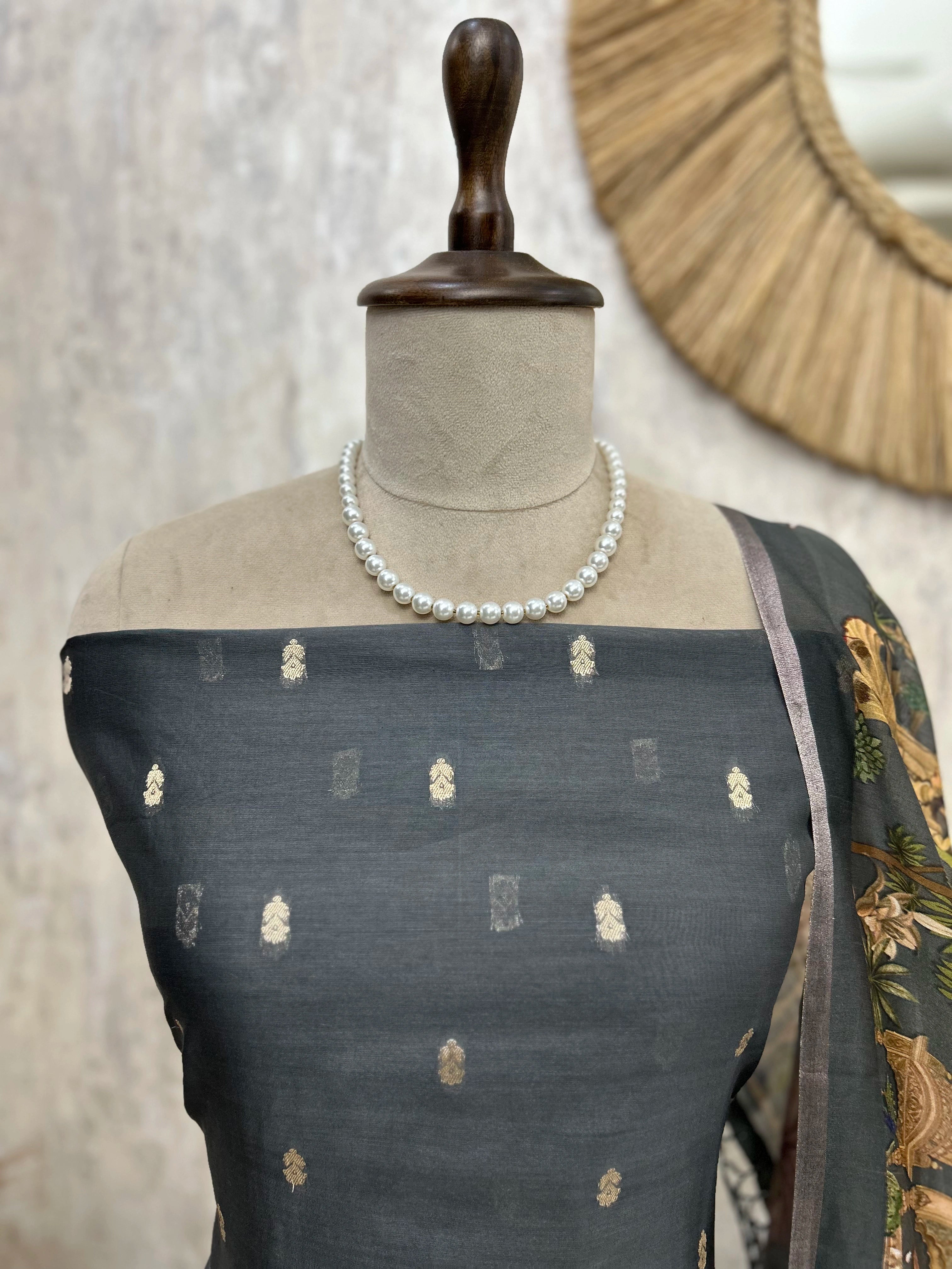 Chanderi Unstitched Suit Set With Printed Dupatta