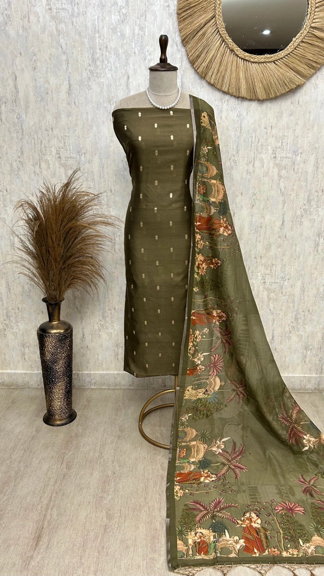 Chanderi Unstitched Suit Set With Printed Dupatta