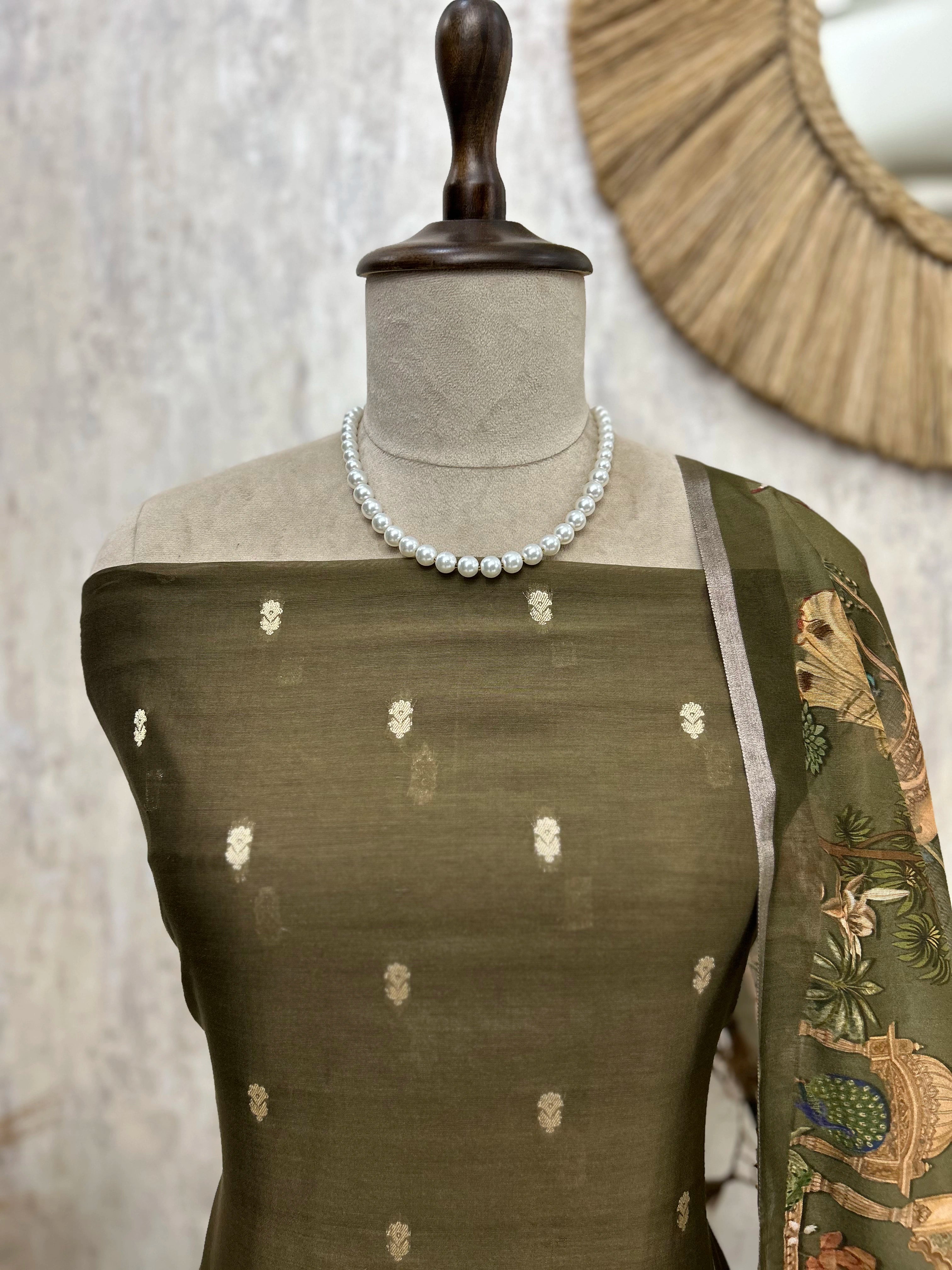 Chanderi Unstitched Suit Set With Printed Dupatta