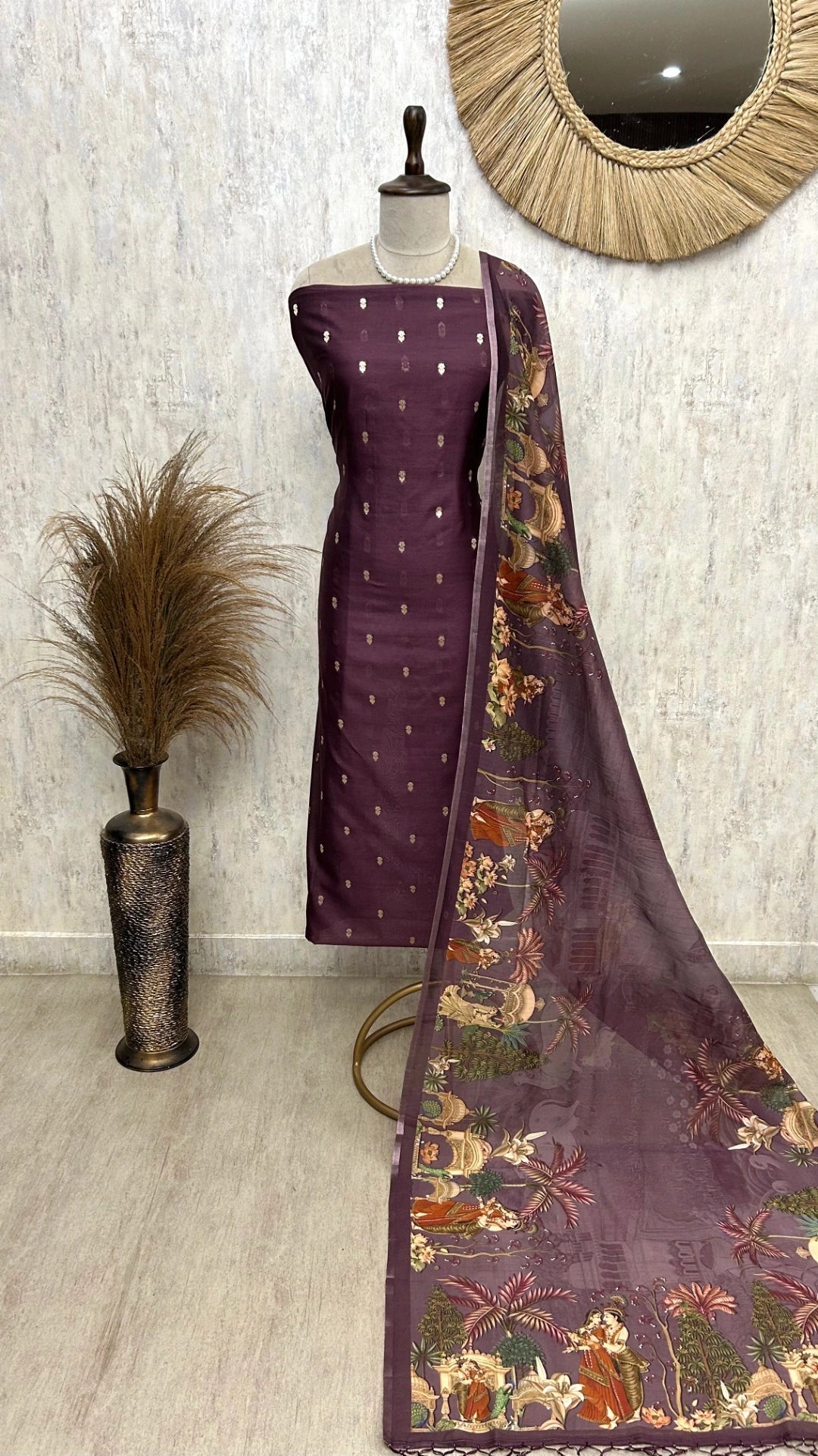 Chanderi Unstitched Suit Set With Printed Dupatta