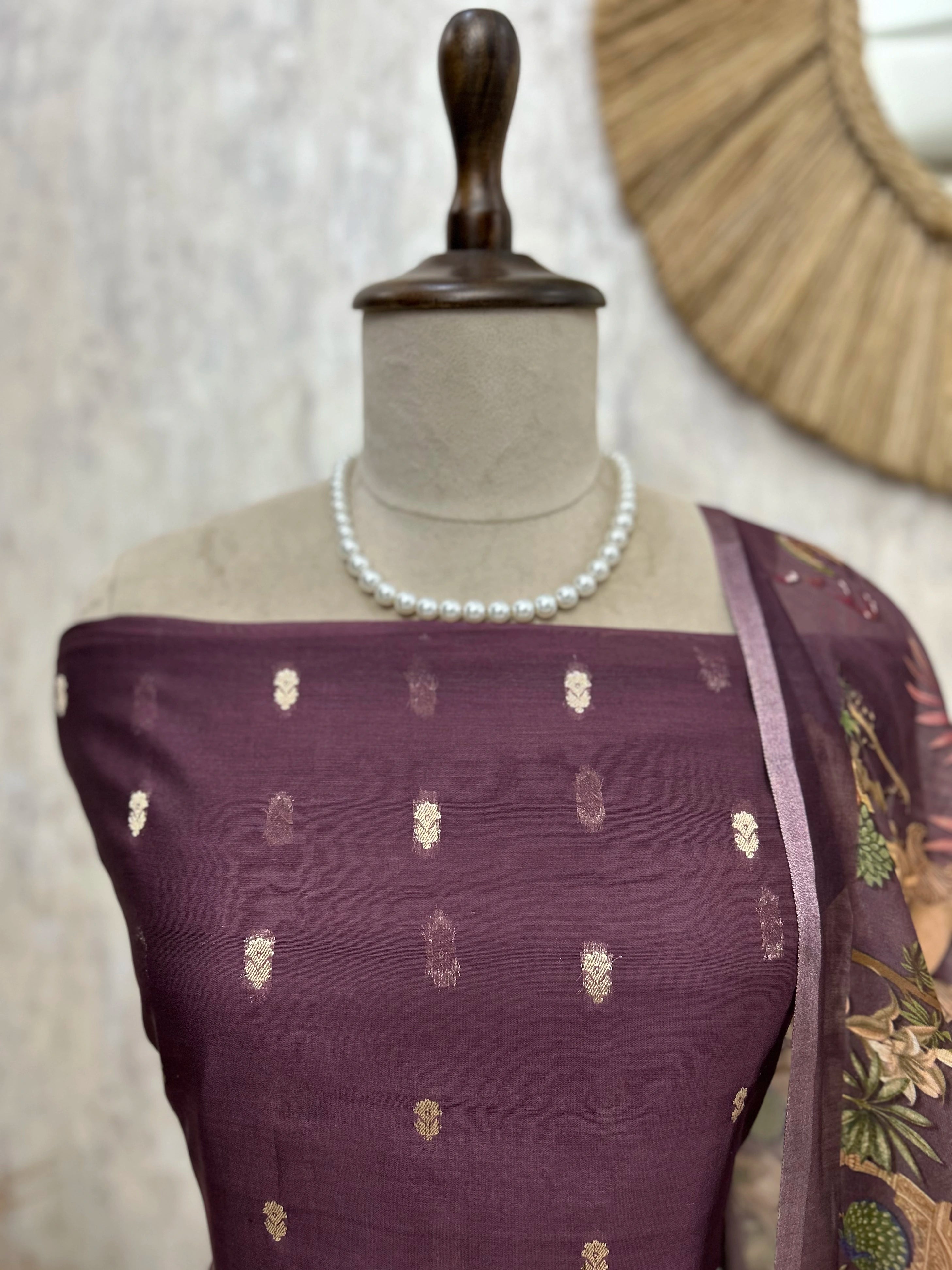 Chanderi Unstitched Suit Set With Printed Dupatta