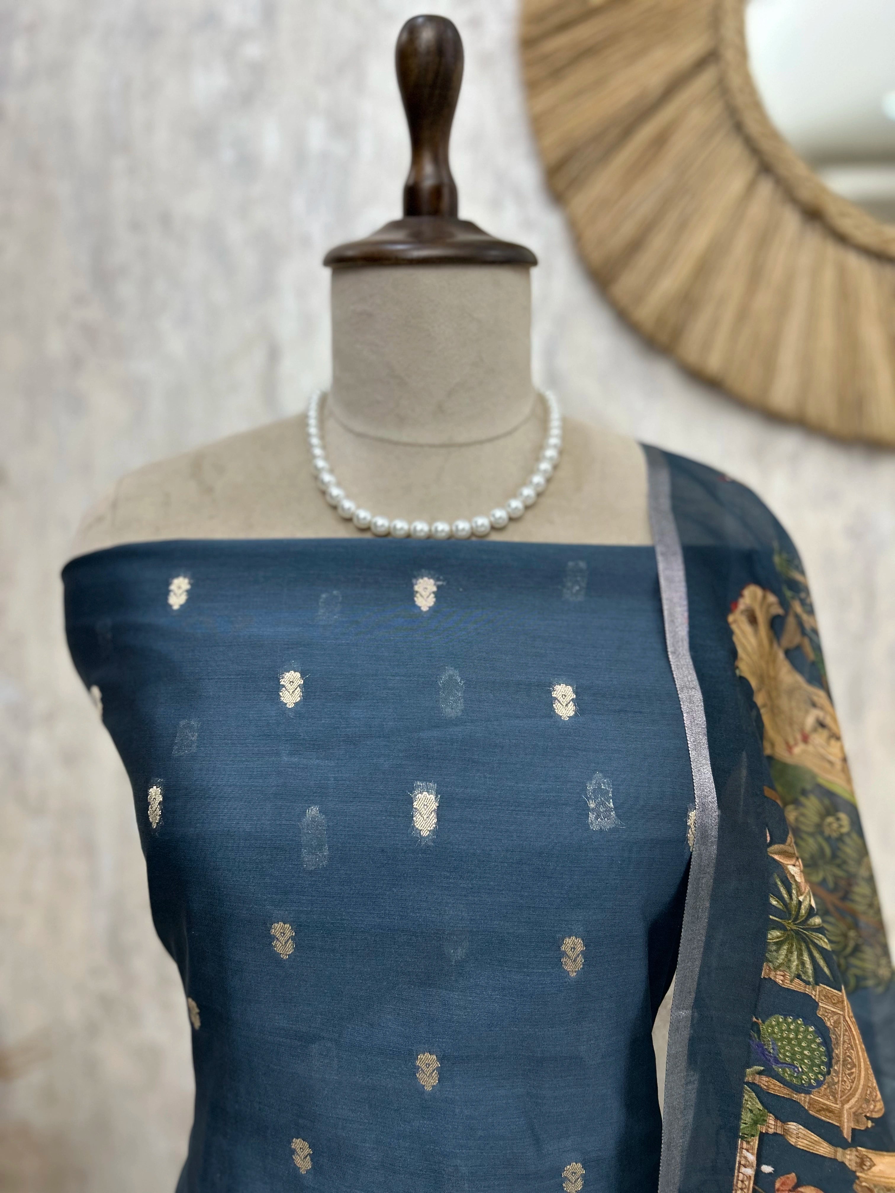 Chanderi Unstitched Suit Set With Printed Dupatta