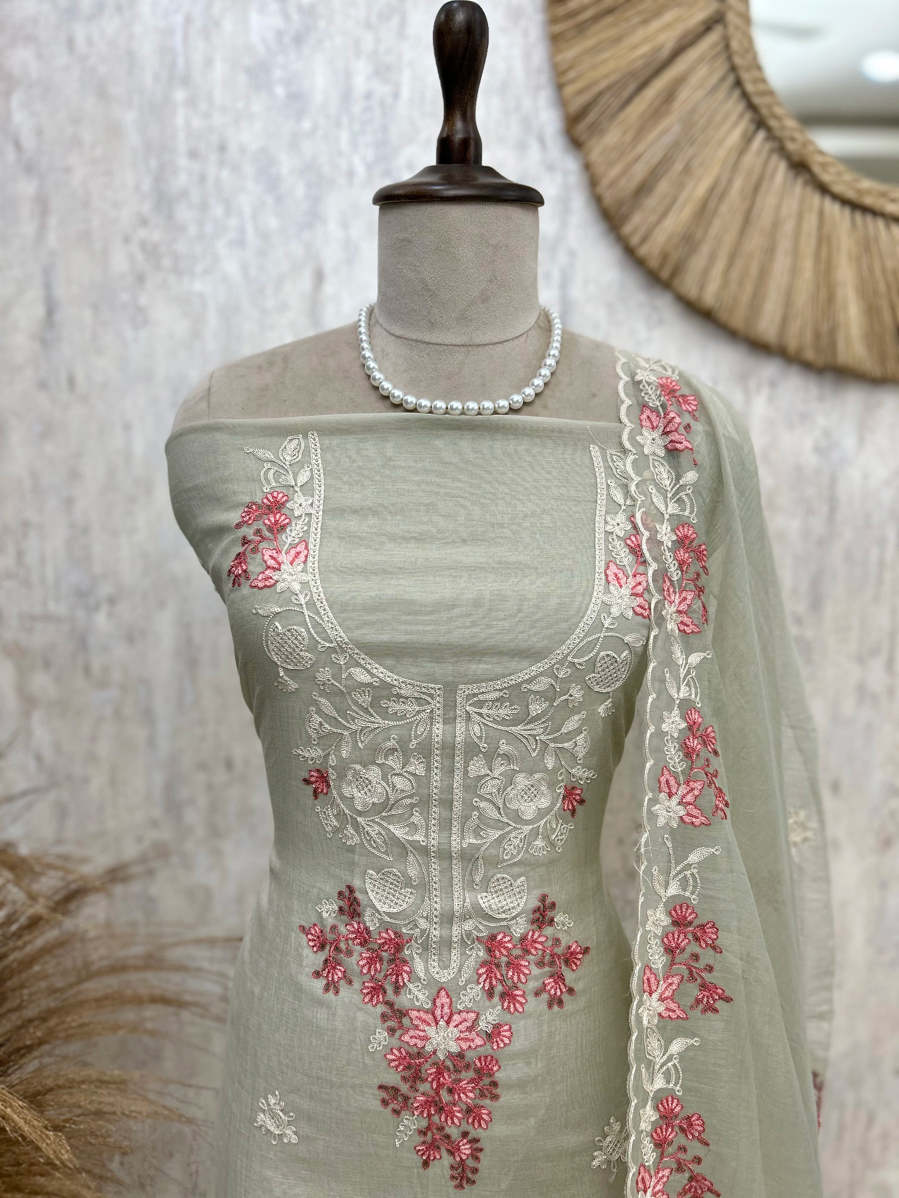 Mul Unstitched Suit Set With Embroidered Neckline