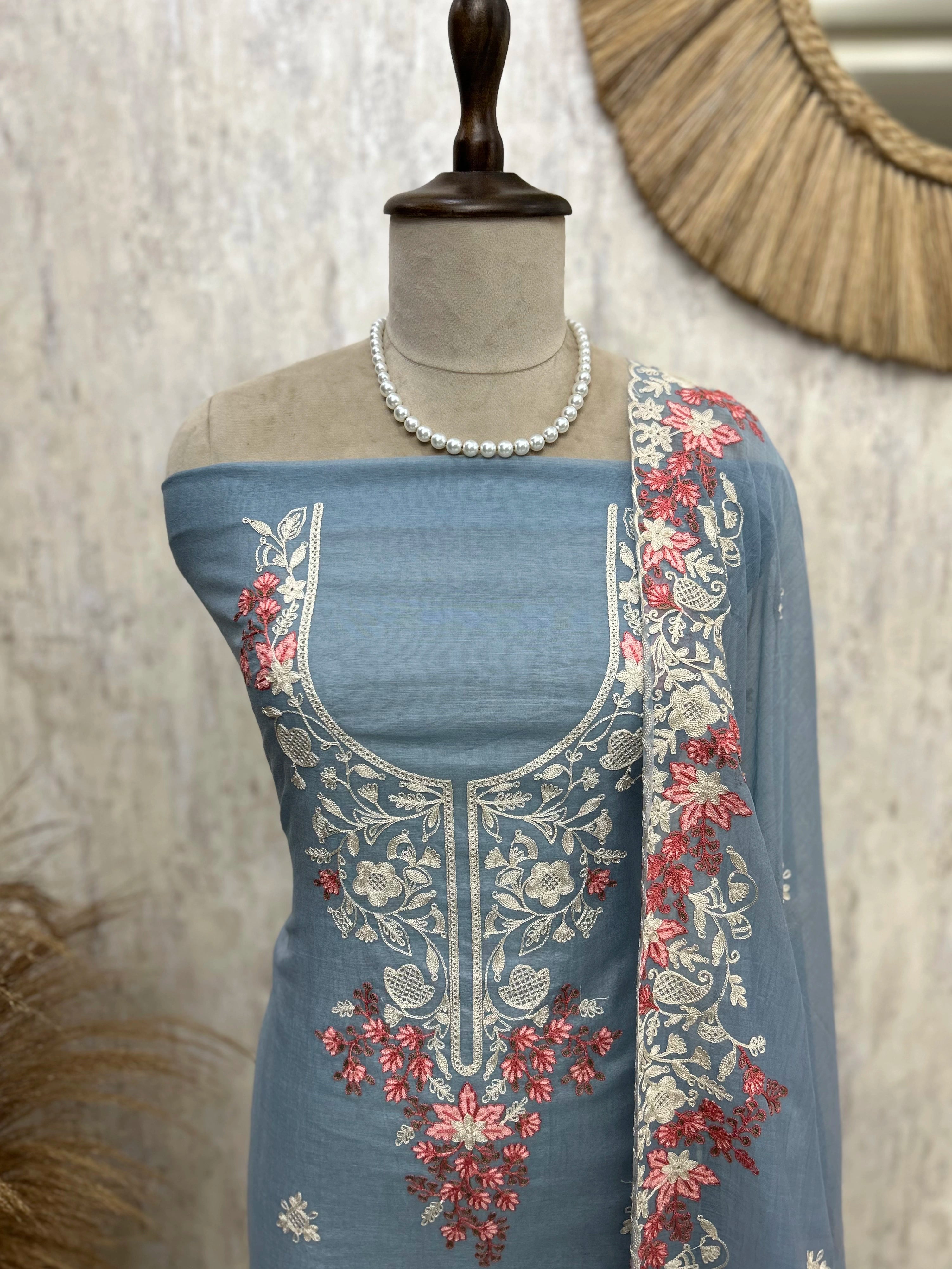 Mul Unstitched Suit Set With Embroidered Neckline