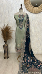 Printed Crepe Unstitched Suit Set With Zari