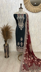Printed Crepe Unstitched Suit Set With Zari
