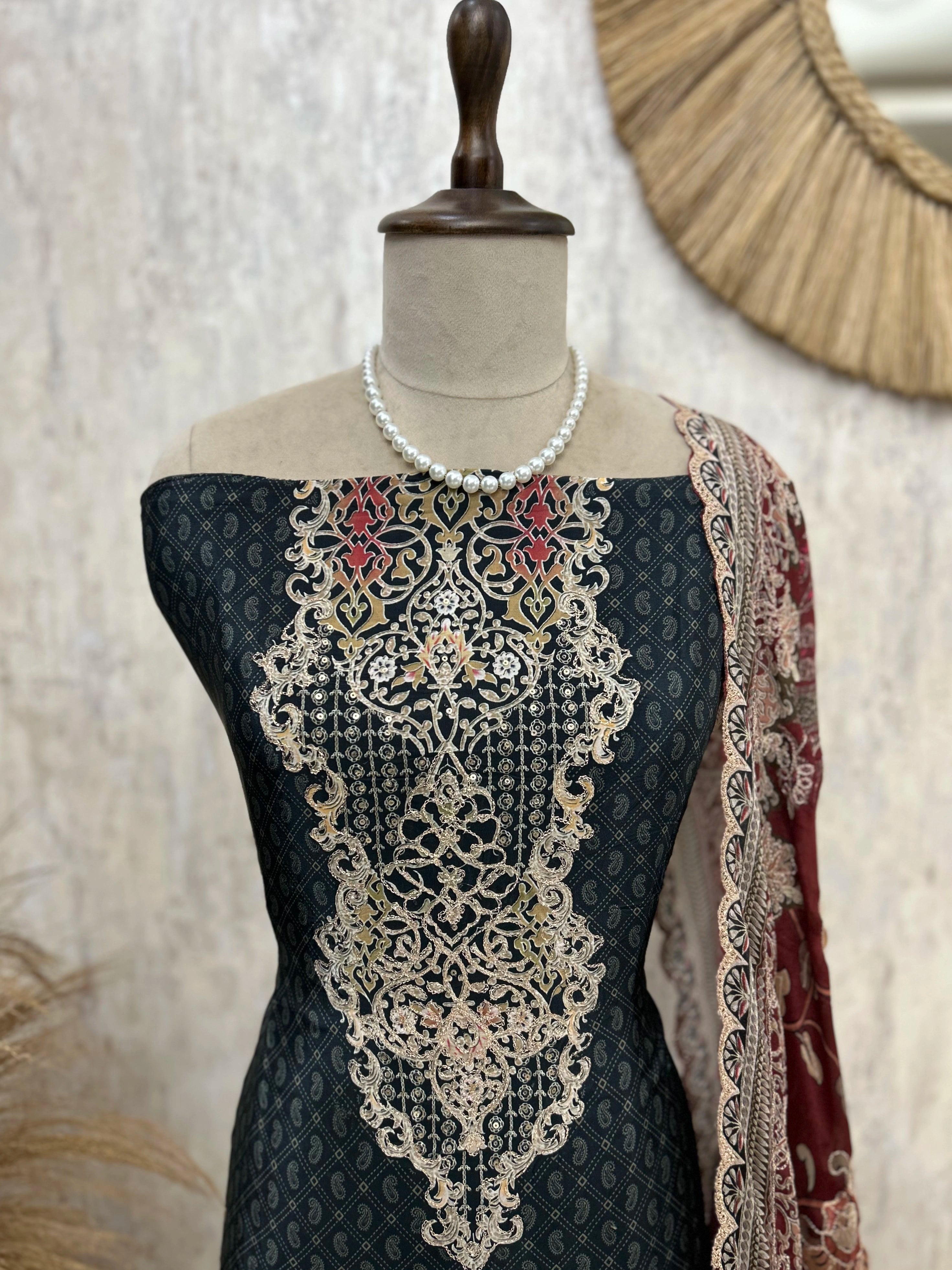 Printed Crepe Unstitched Suit Set With Zari