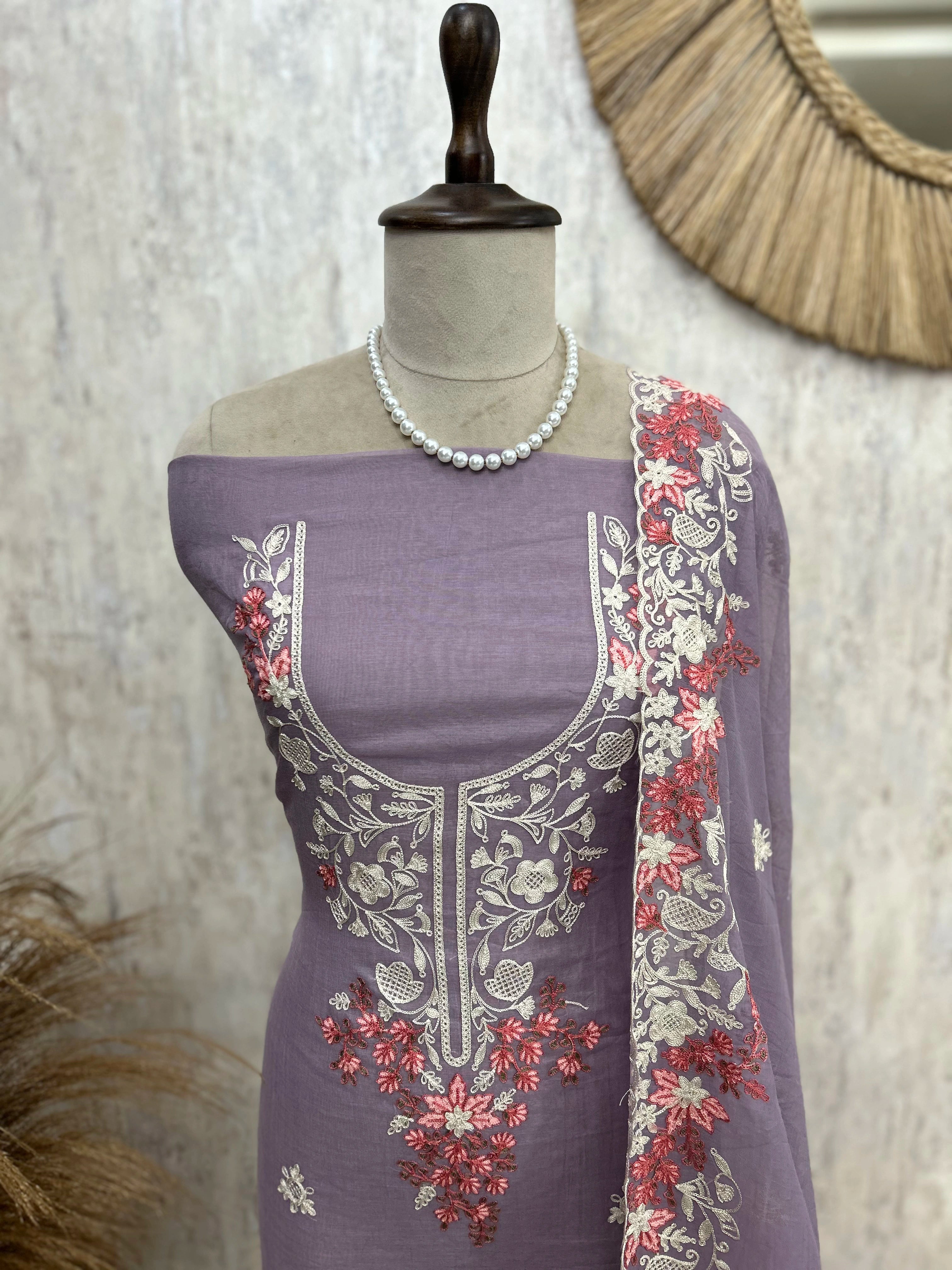 Mul Unstitched Suit Set With Embroidered Neckline