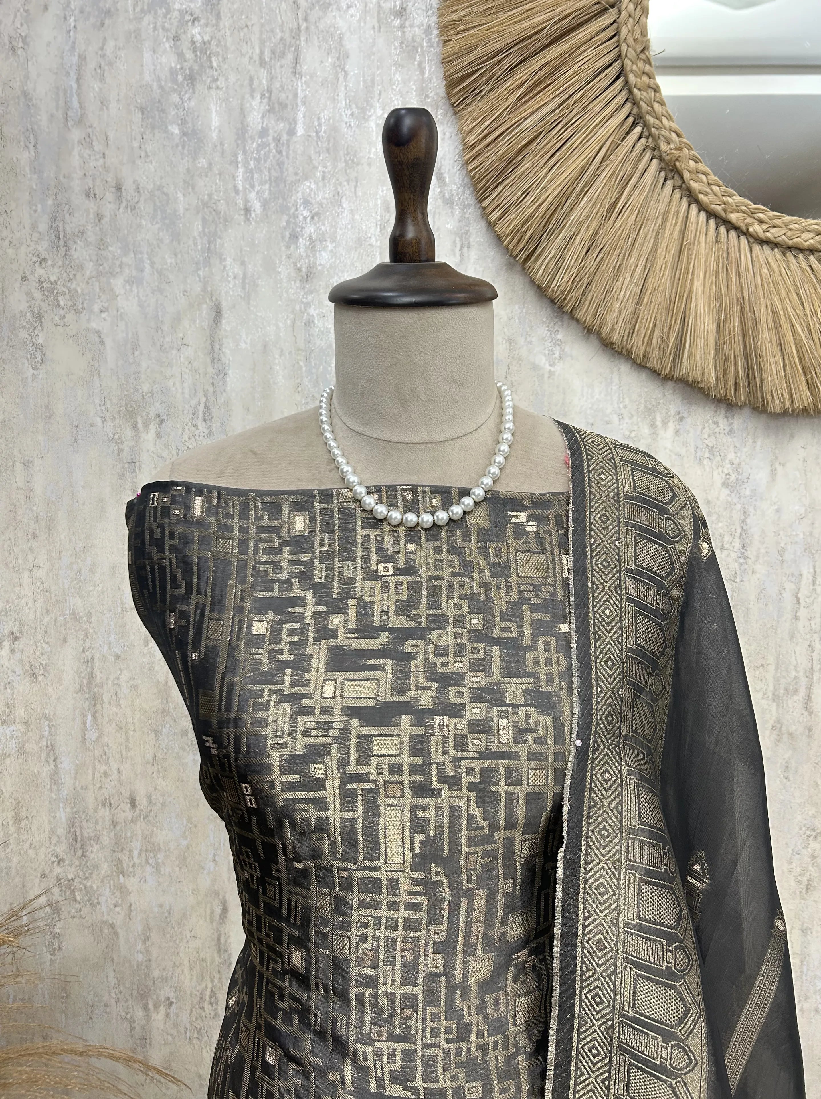 Temple motif zari embroidered unstitched suit