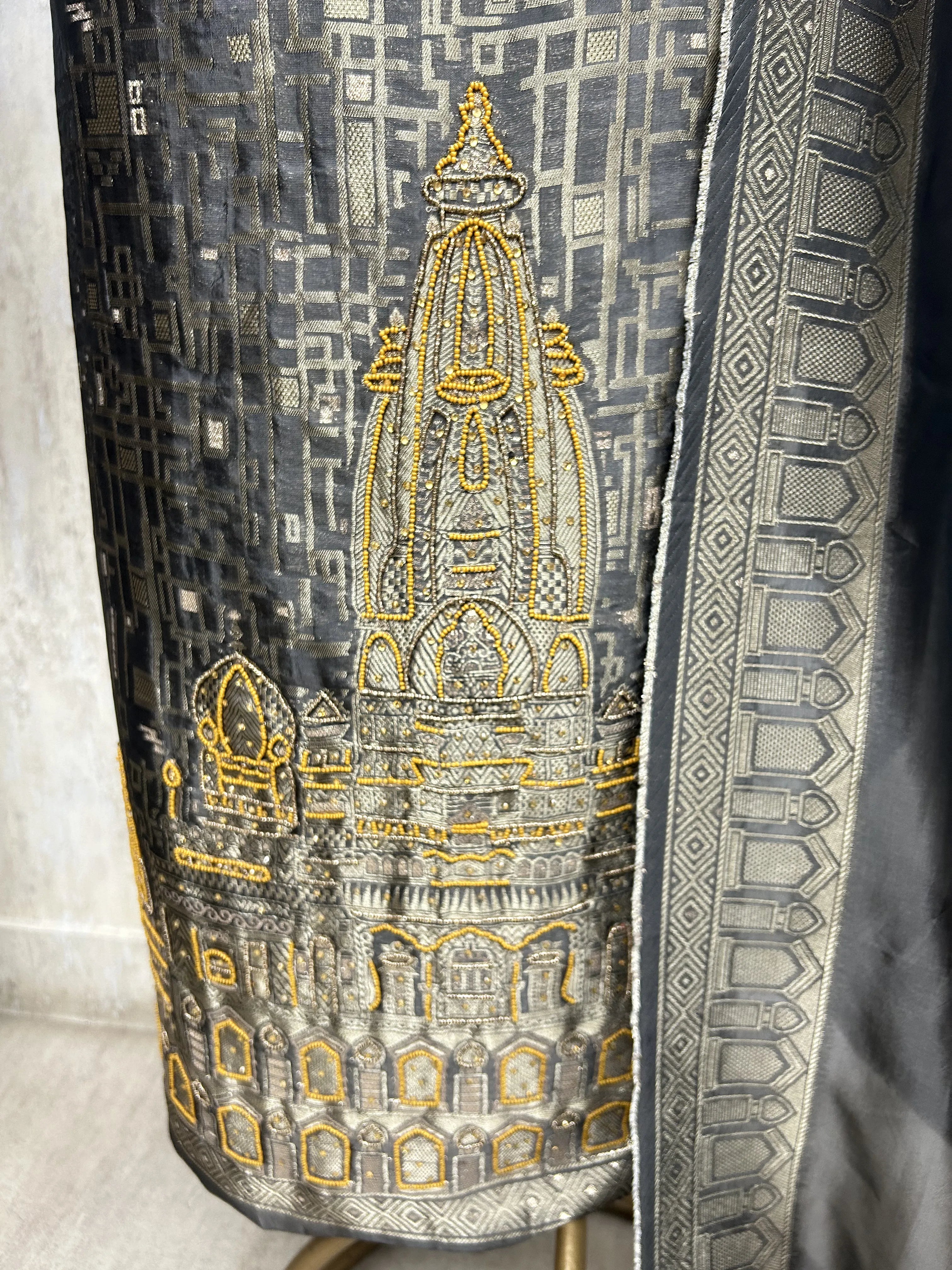 Temple motif zari embroidered unstitched suit