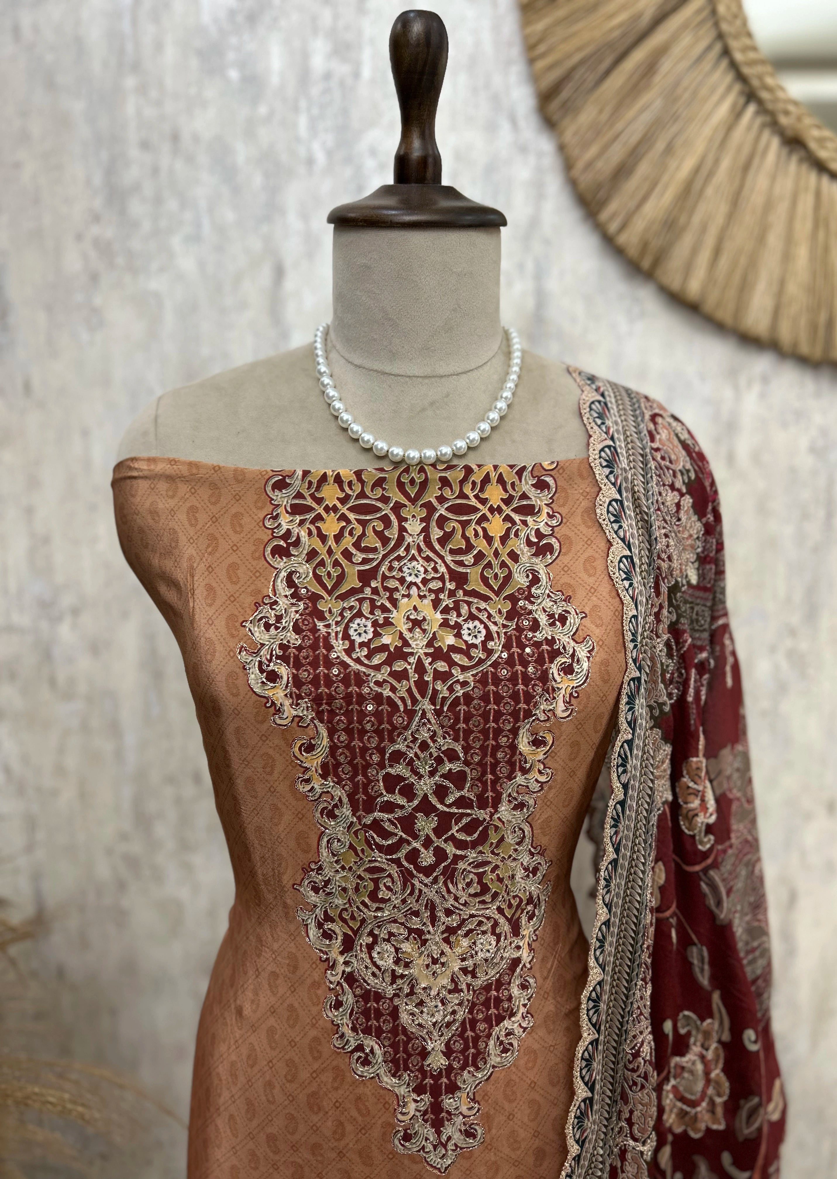 Printed Crepe Unstitched Suit Set With Zari