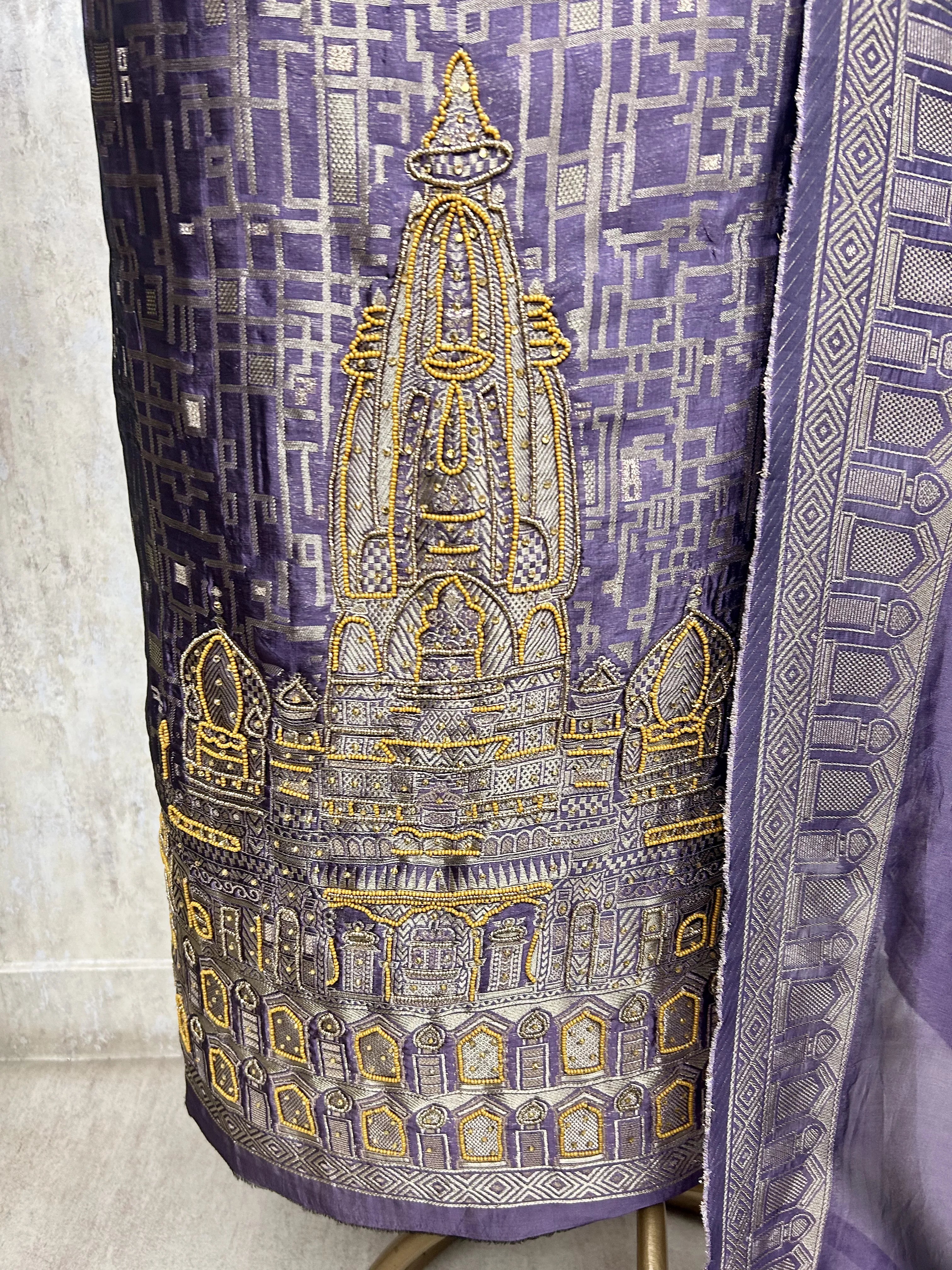 Temple motif zari embroidered unstitched suit