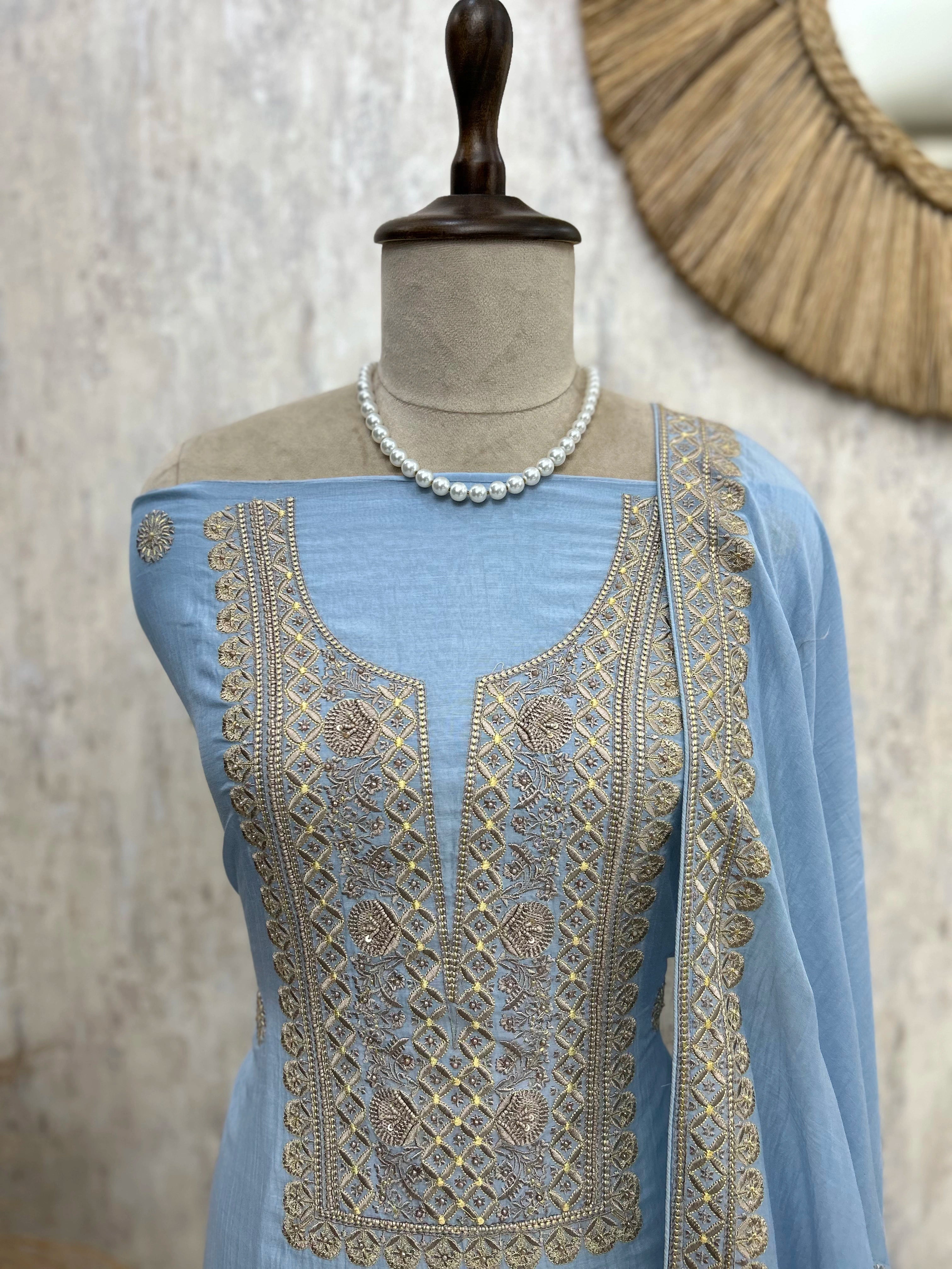 Thread Embroidered Neckline Mul Unstitched Suit Set