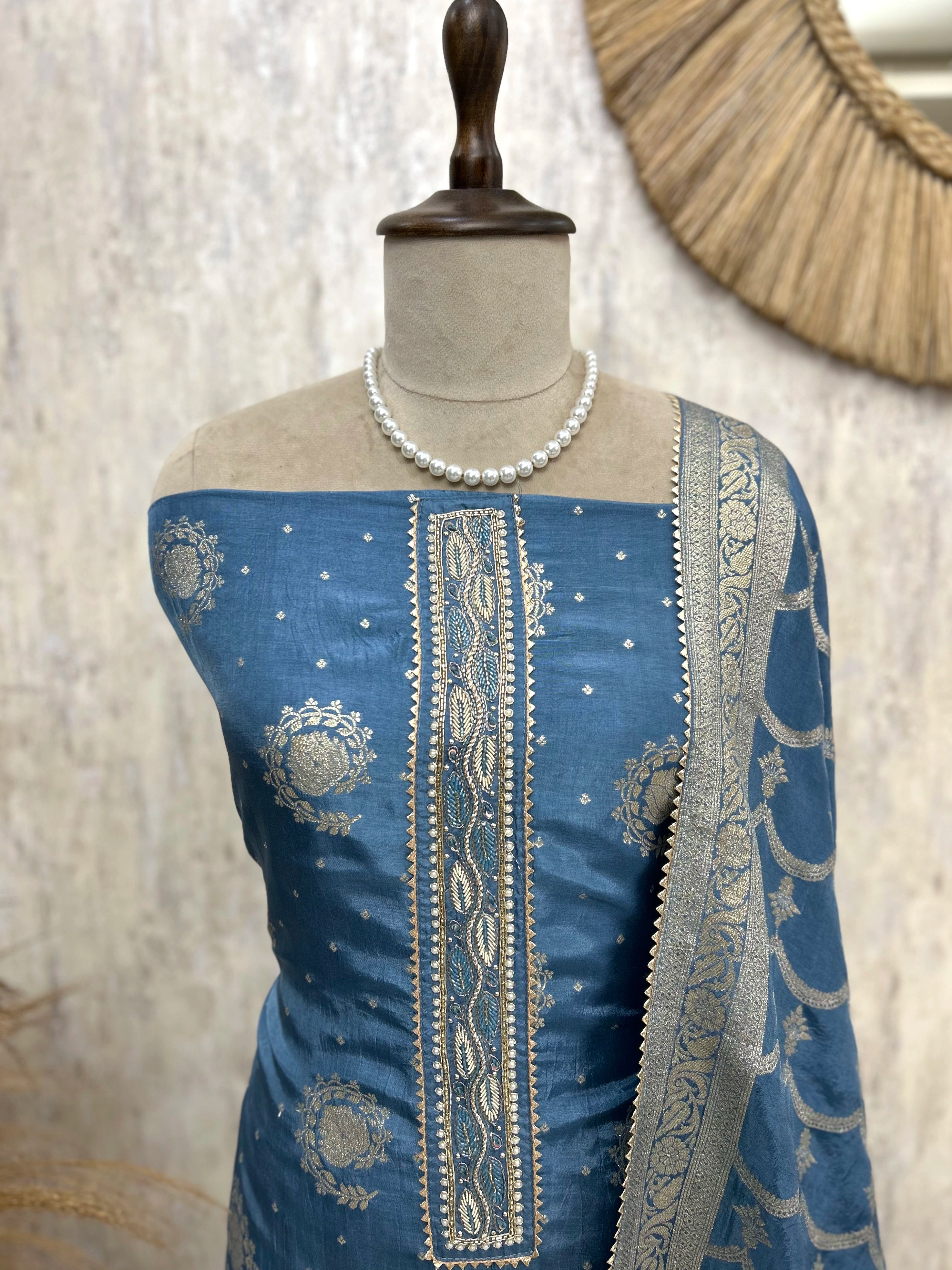 Dola Silk Unstitched Suit Set With Banarasi Weave