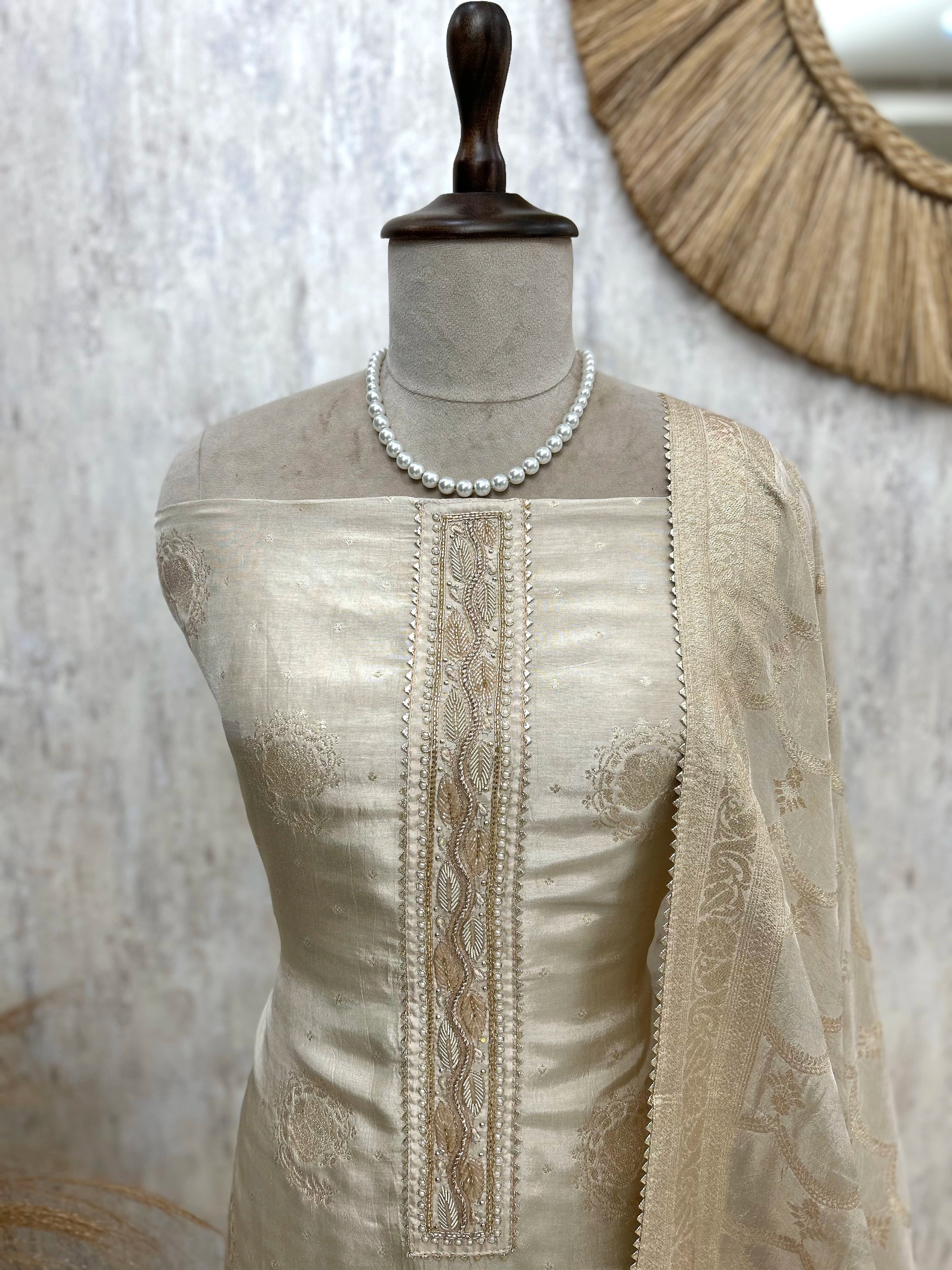 Dola Silk Unstitched Suit Set With Banarasi Weave